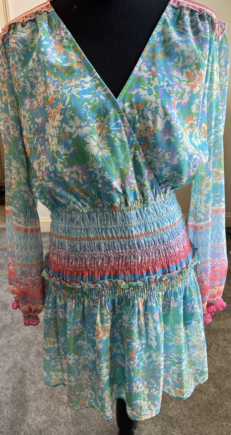 Current Air Anthropologie Boho Floral Mini Dress V Neck Tiered Hem Festival