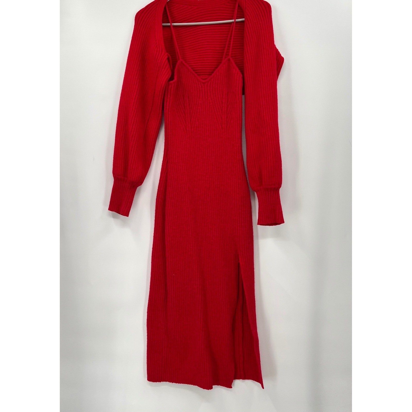 CIDER Red Ribbed Knit Midi Dress with Matching Bolero Sweater Set XL