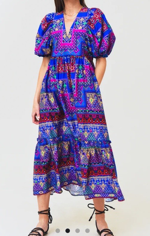 Hunter Bell Palmer Dress Puff Sleeve Midi Multi Talavera Patchwork Sz Small EUC