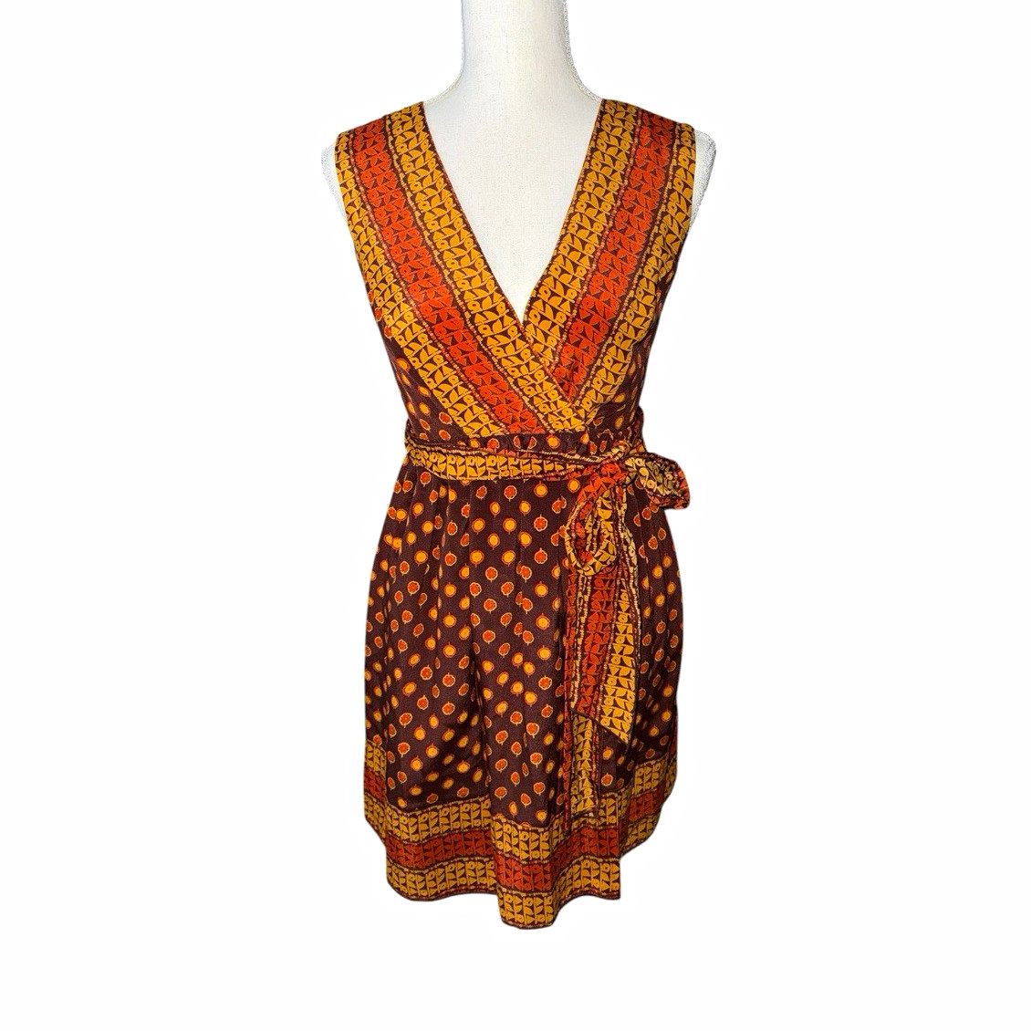 Anna Sui Silk Chiffon Wrap Dress Polka Dot Brown Orange Yellow Lined S