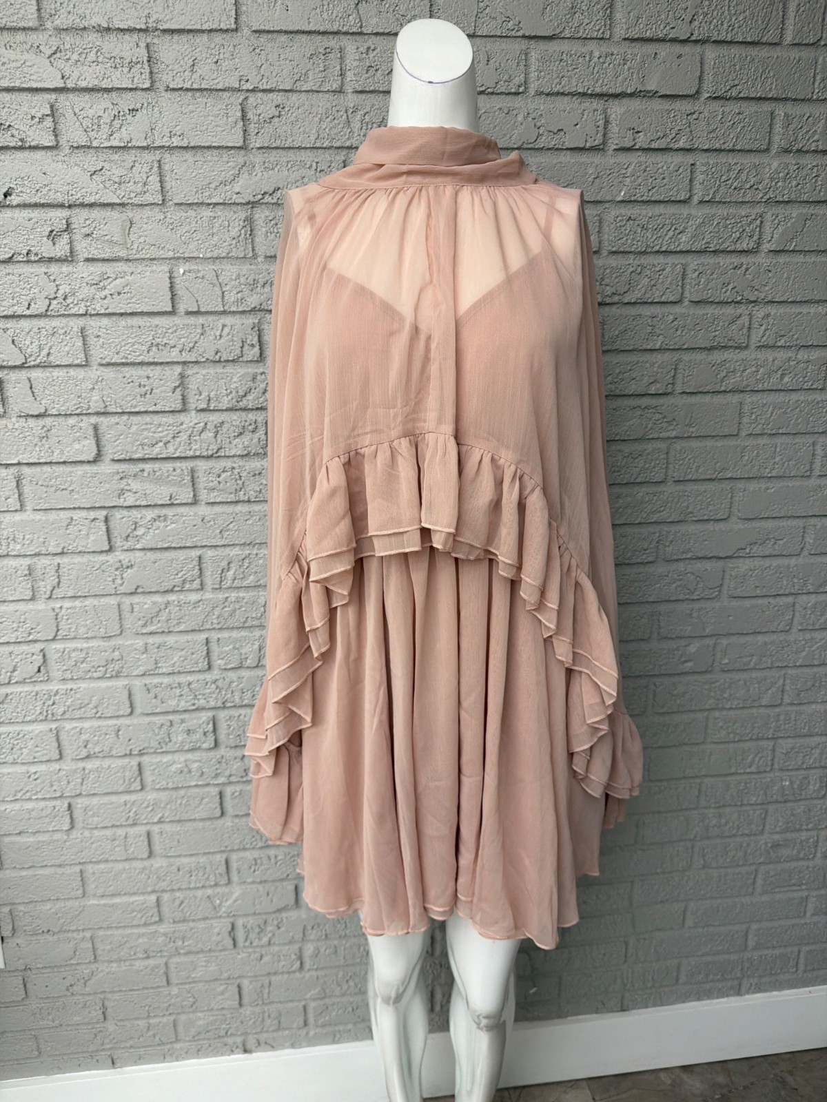 Commense Semi-Sheer Chiffon Ruffle 2PCS Dress with Capet Set Size L