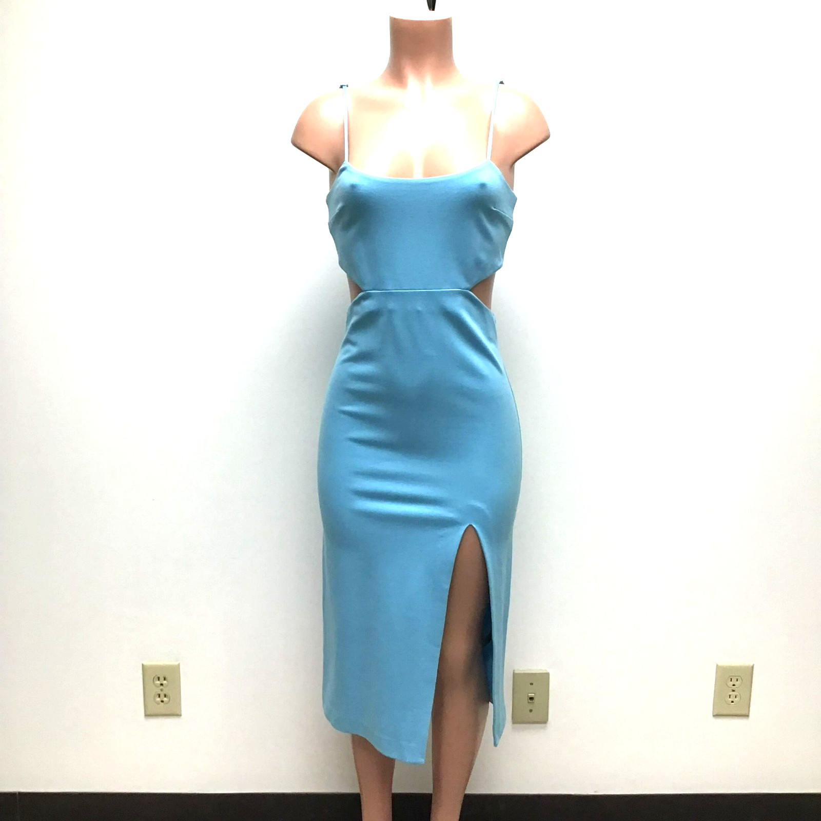 H:ours Womens Light Blue Adjustable Strap Cut Out Leg Slit Hayden Sheath Dress M