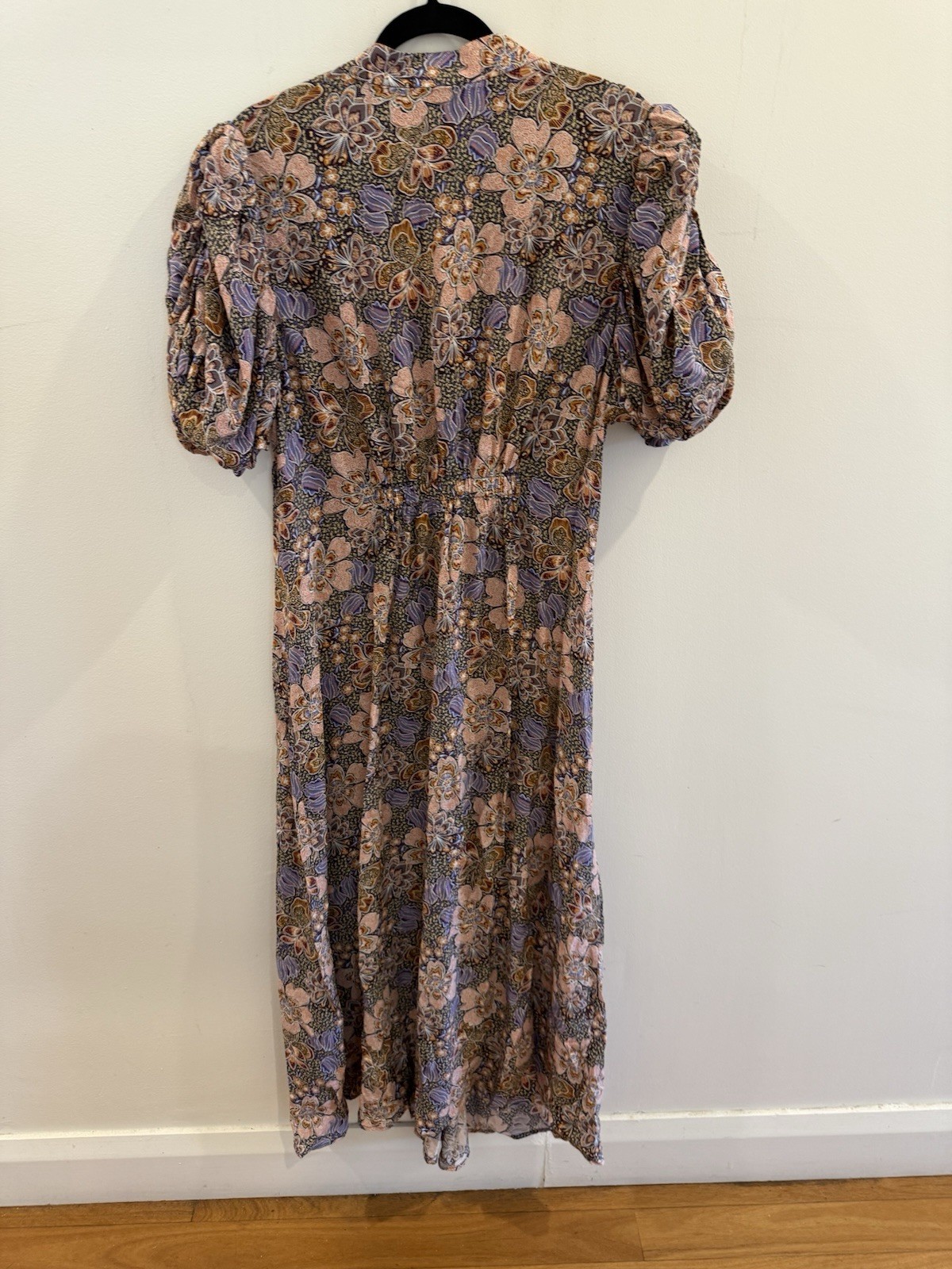 Husk Floral Earth Tone Dress With Button Up Detail Rushing Front Slit Size 16