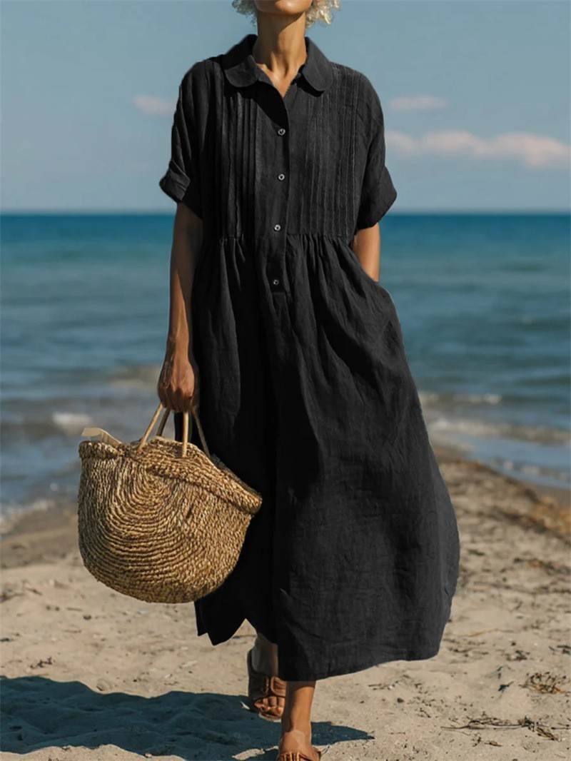 Ladies Loose Pleated💐Linen Cotton Pocket Summer Beach Baggy Kaftan Long Dress