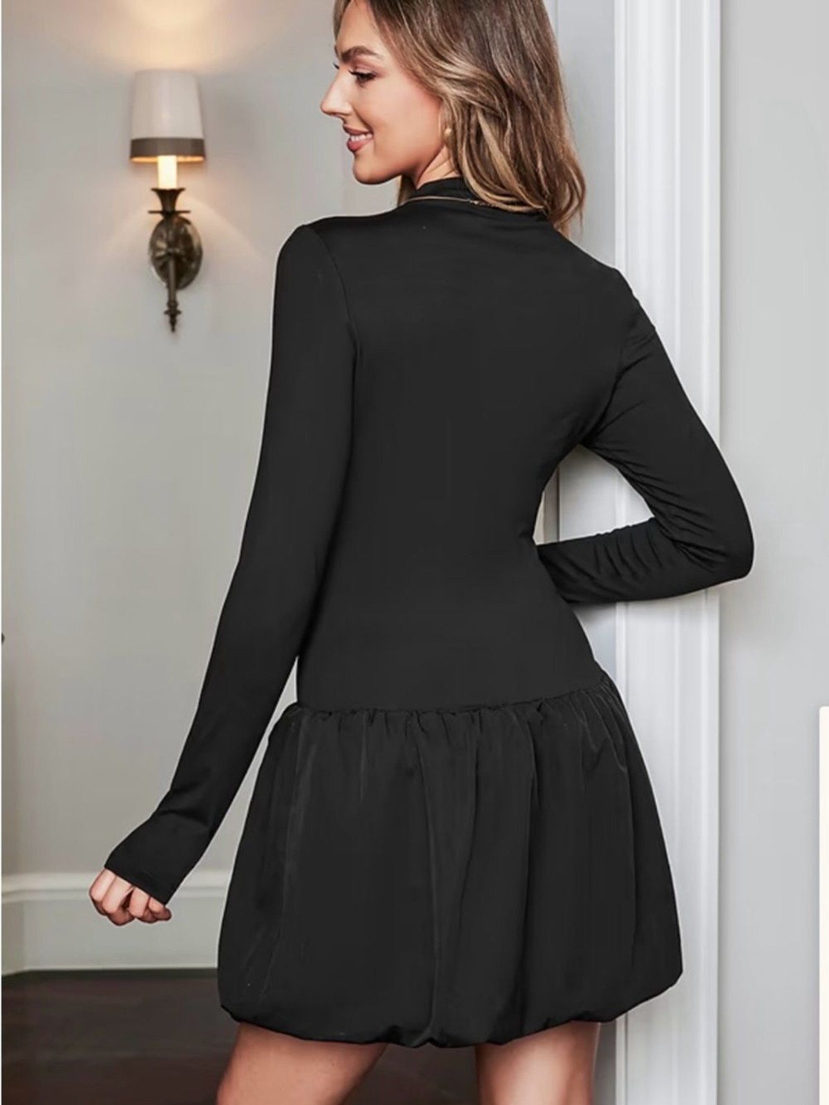 Cupshe Black Long-Sleeve Mock Neck Bubble Hem Dress (sold out online)