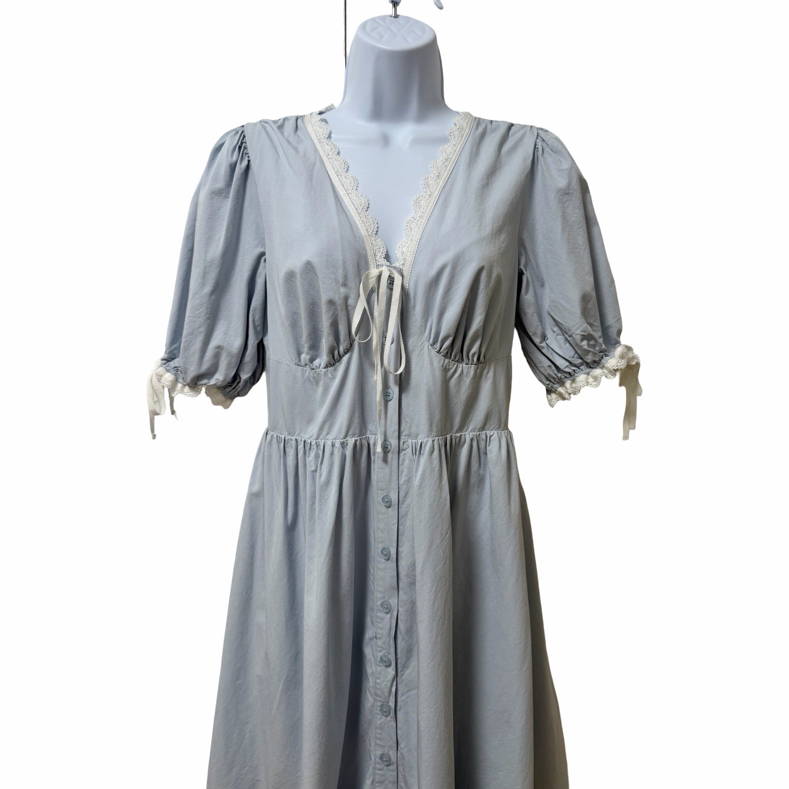 Bohme Romy Lace Trim Milkmaid Button Front Bow Midi Dress Size M Blue Cottage