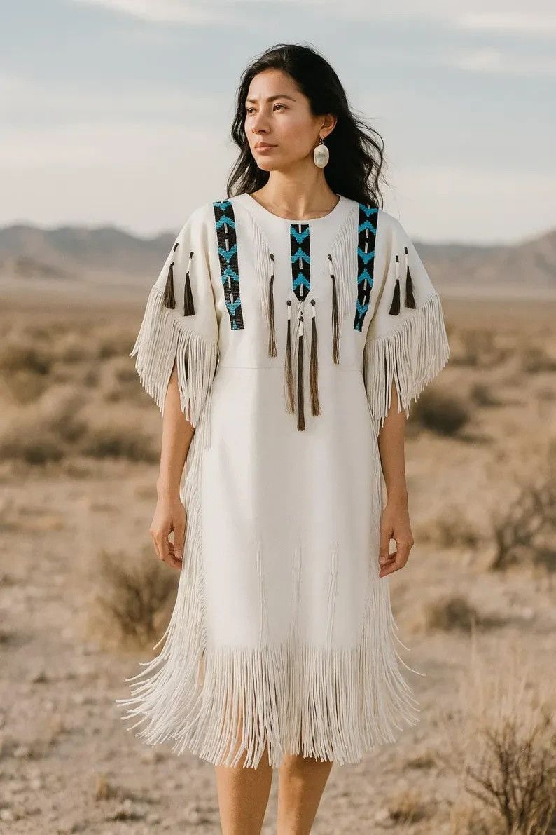 Women’s White Leather Long Fringes Beaded Wedding Dress Powwow Regalia