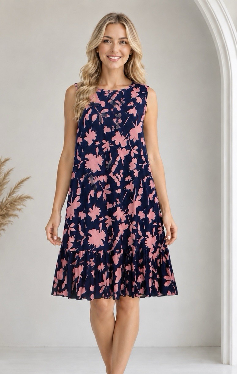 Womens Floral Ruffle Hem Sleeveless Midi Dress Size XL Navy & Pink Jersey NWT