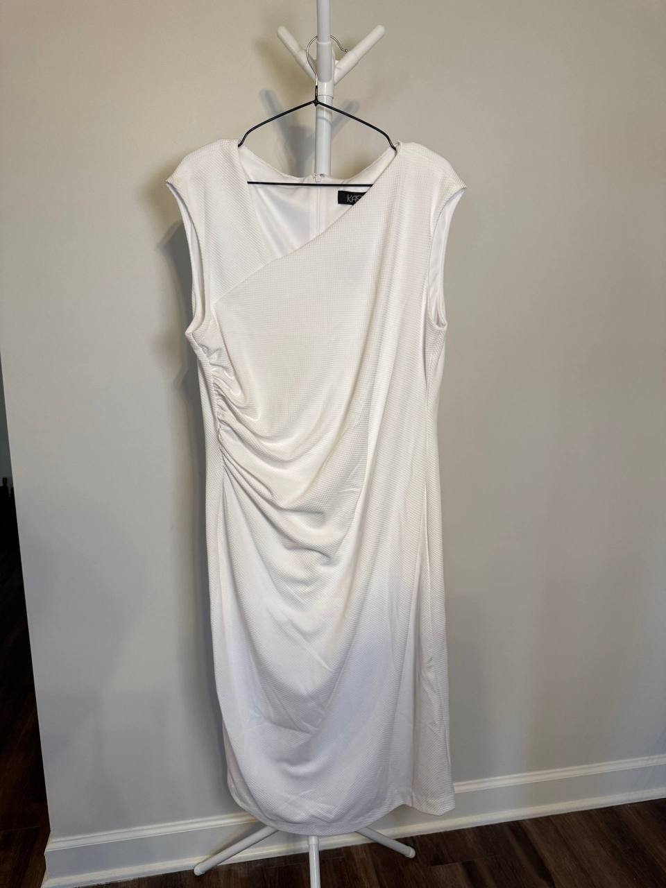 Kasper Asymmetrical Neck Ruched Midi Dress 1X New With Tags White Elegant $89