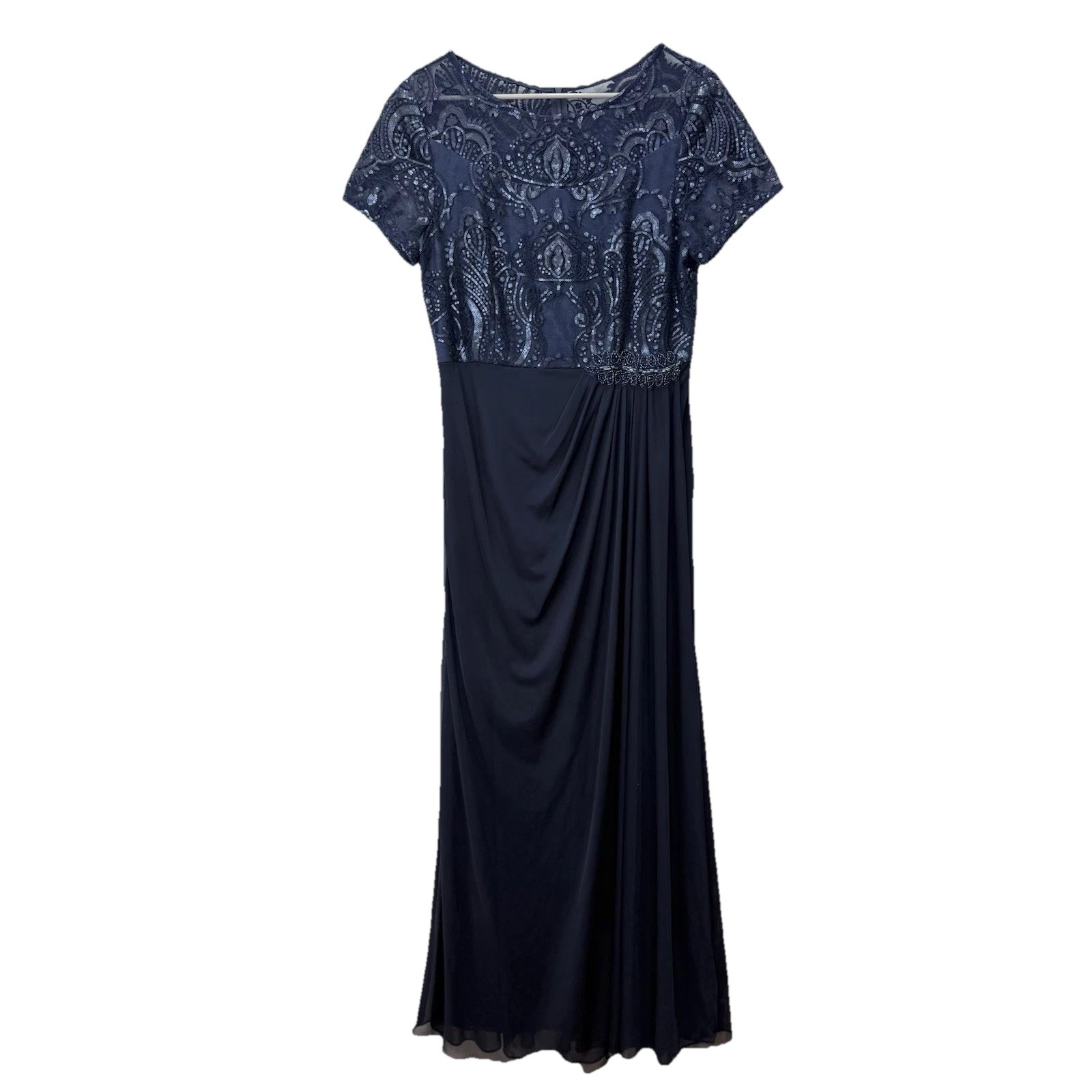 Alex Evenings Navy Blue Sequin Draped Short Sleeve Maxi Dress Size 10 Wedding