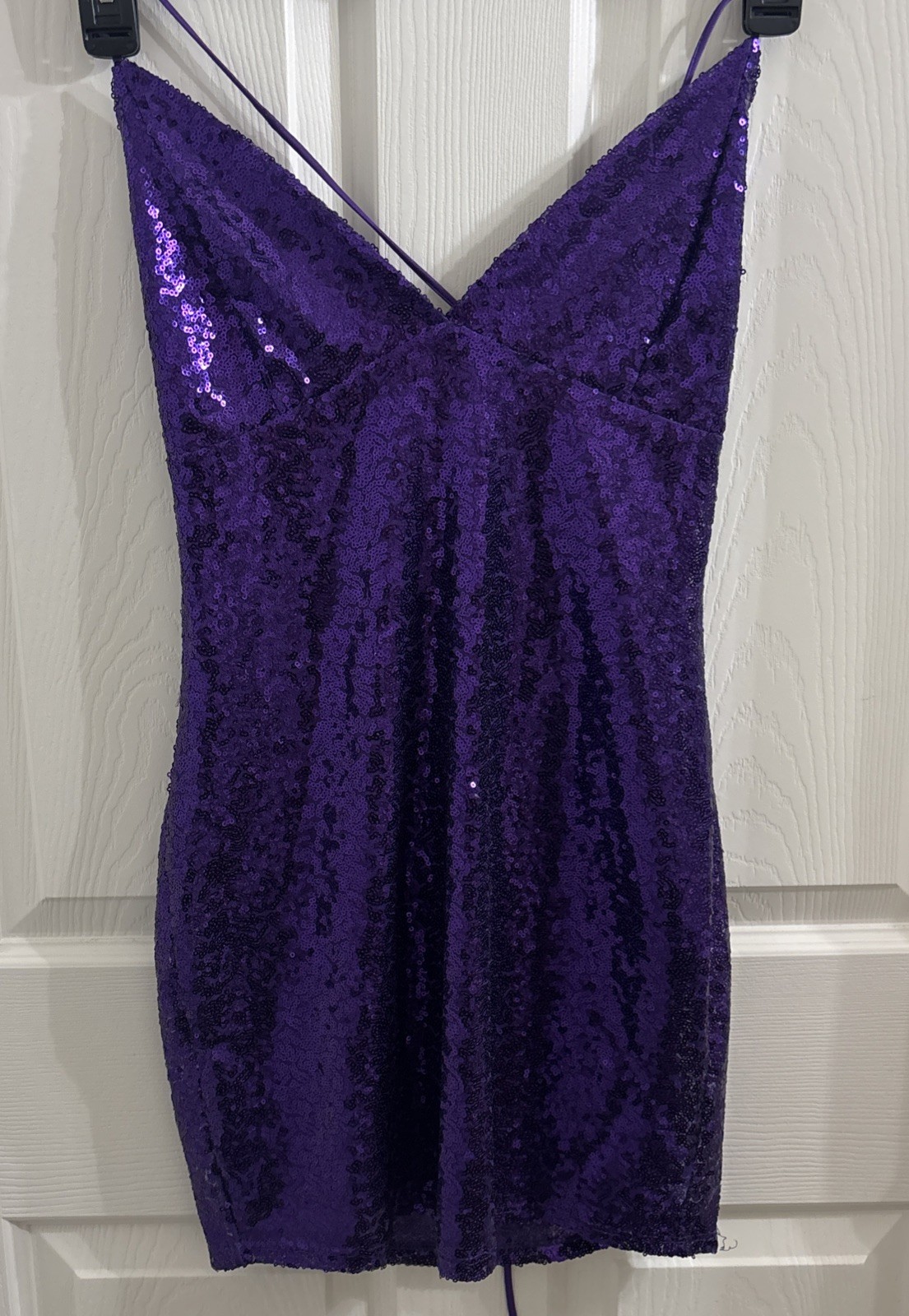 Lucy In The Sky Purple Sequin Spaghetti Strap Lace Up Back Medium Mini Dress