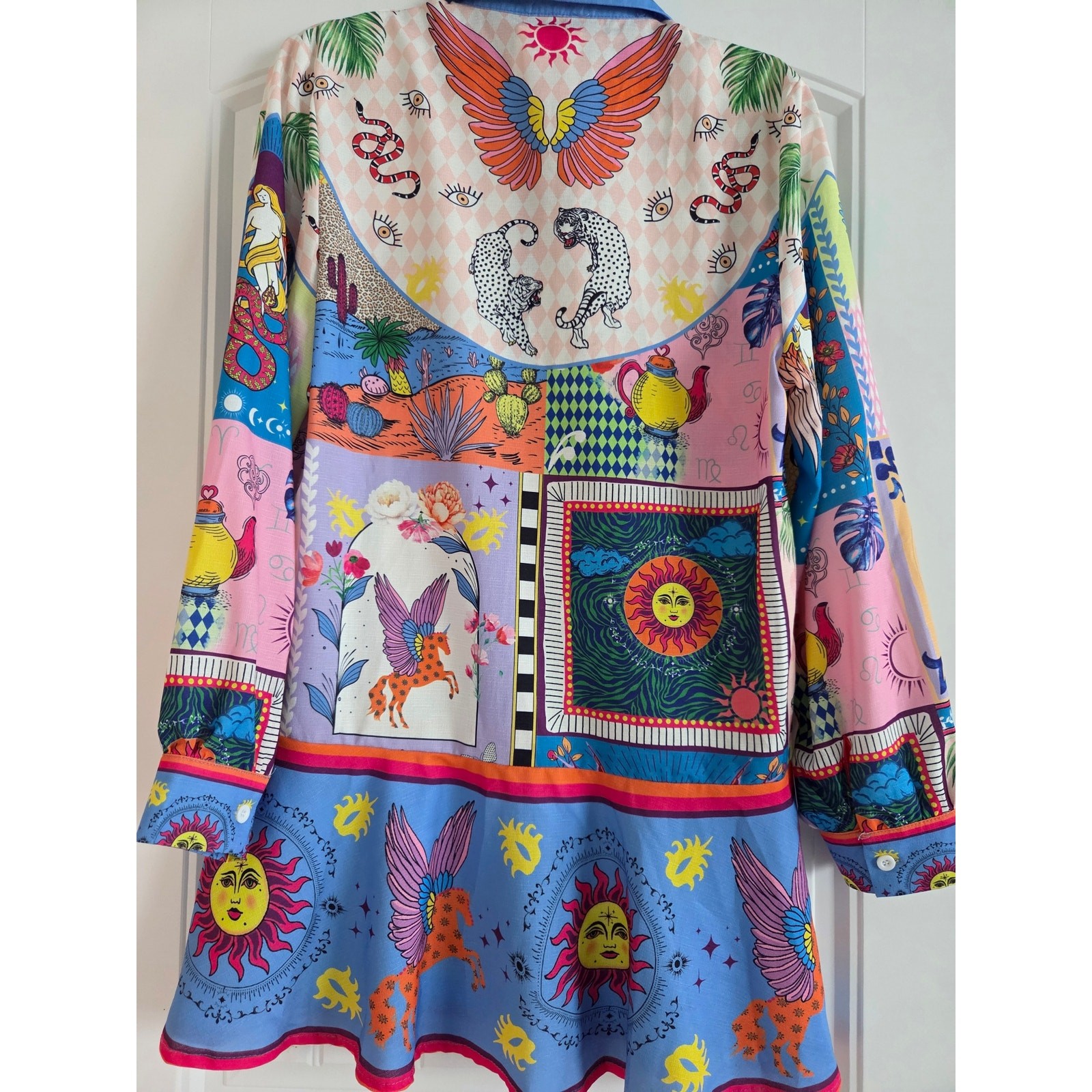 Endless Moon Patchwork Satin Mini Dress NWT Celestial Vacation Shirt Tunic S