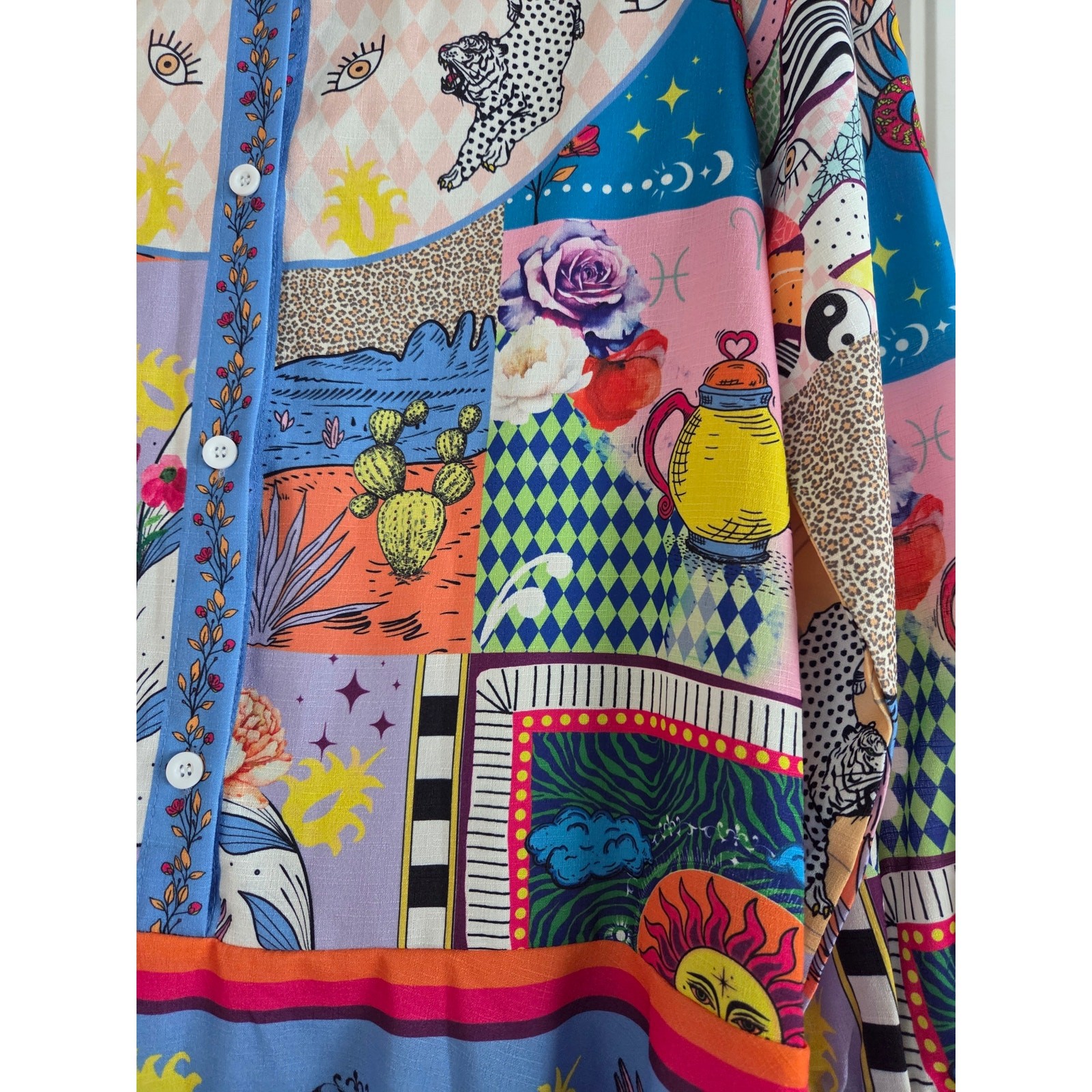 Endless Moon Patchwork Satin Mini Dress NWT Celestial Vacation Shirt Tunic S