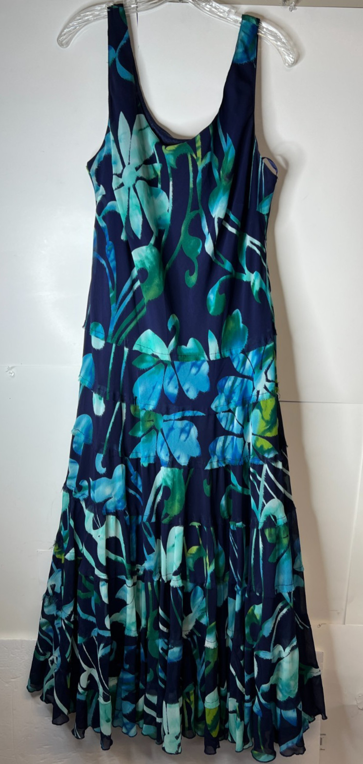 Jones NY Size 16W Blue Sleeveless Maxi Dress Ruffled Tiers Floral Print Lined