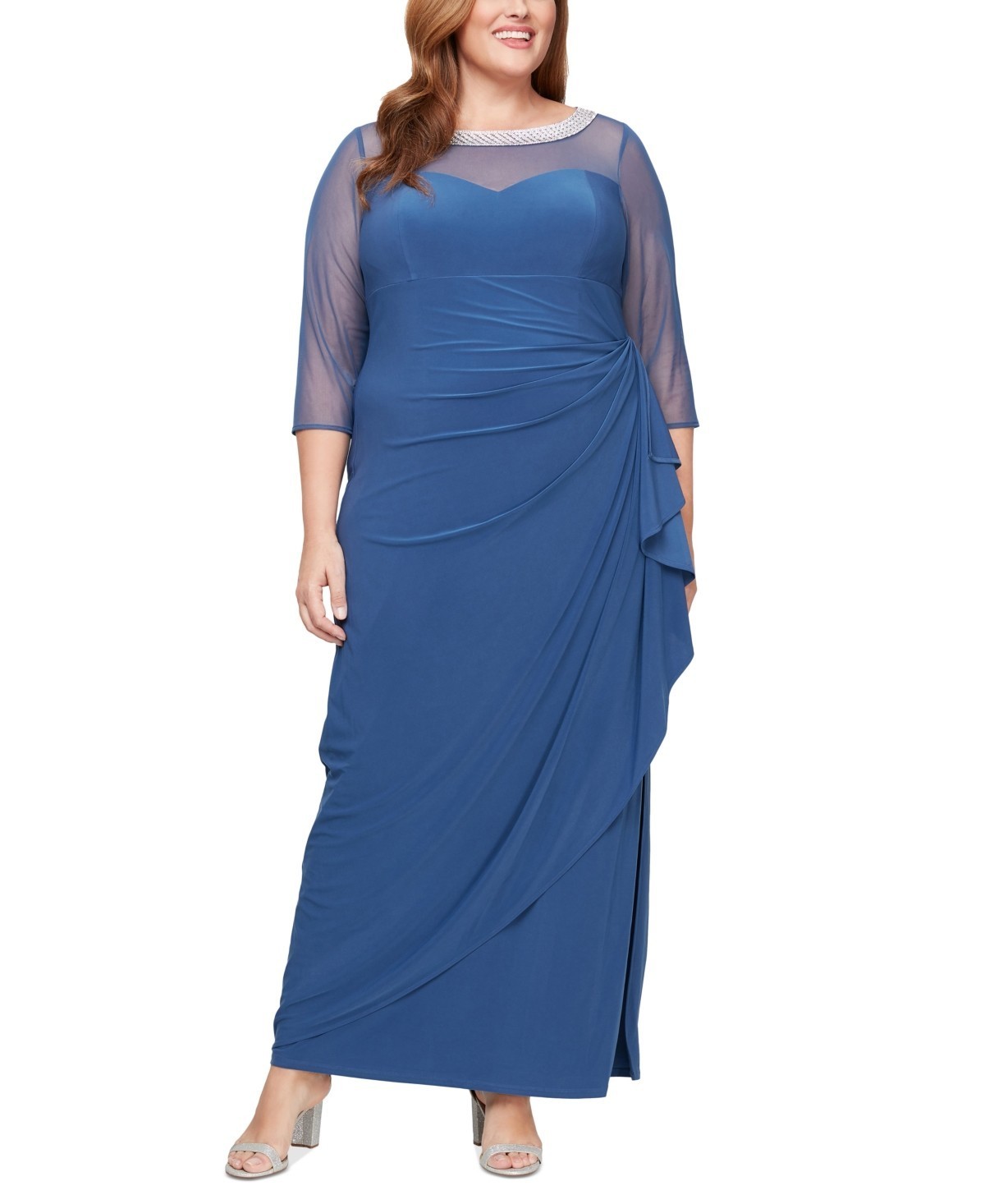 Alex Evenings Plus Size 20W Illusion Trim Ruffled Gown Wedgewood Blue
