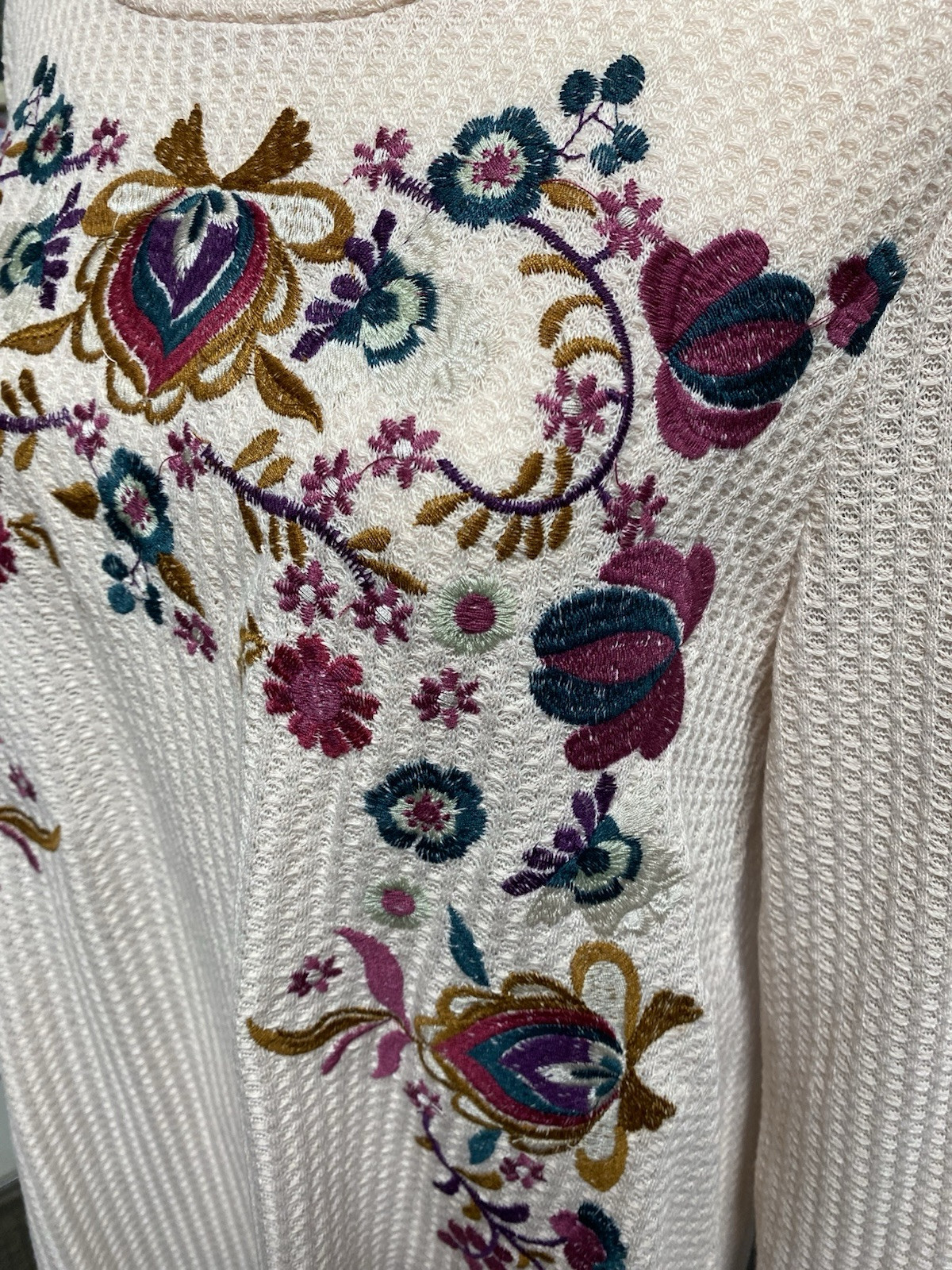 Umgee Waffle Knit Floral Embroidered Long Sleeve Dress Cream Small (p)