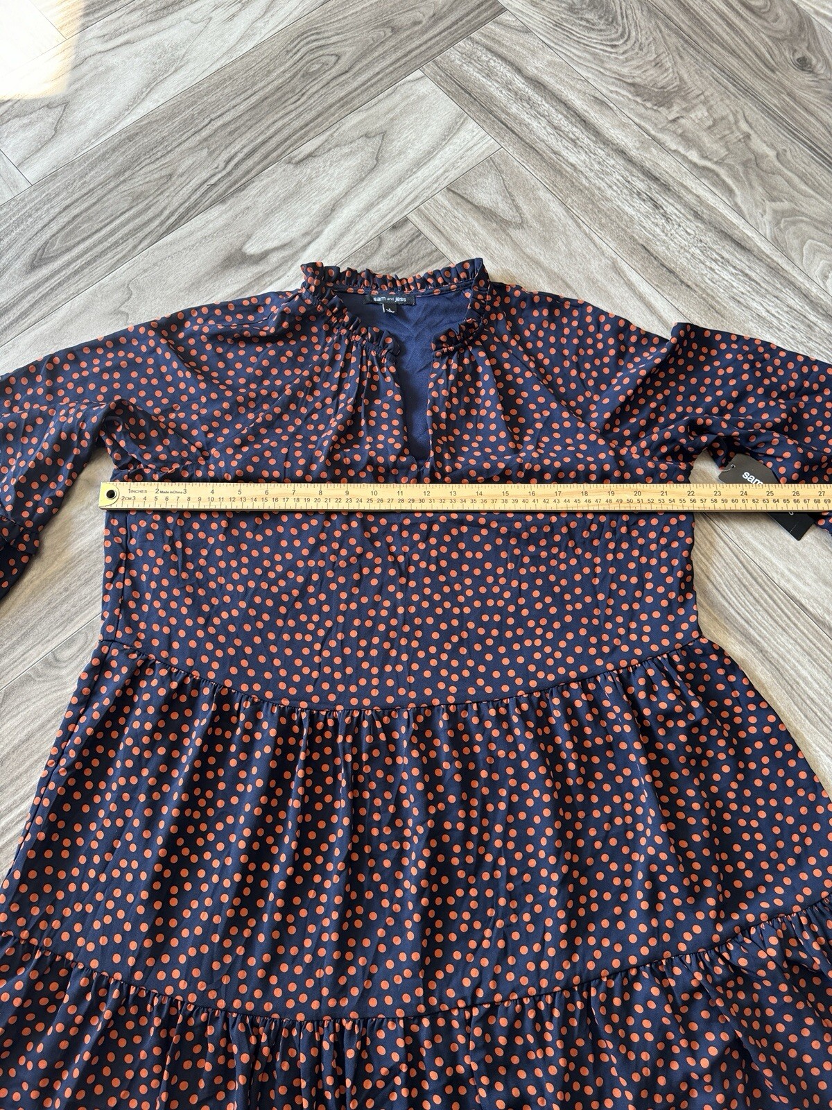 Sam & Jess Women’s Size L Navy and Rust Ball Print Chiffon Babydoll Dress