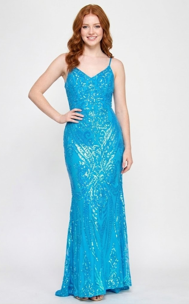 B Darlin Juniors 11/12 Turquoise Iridescent Sequin Floor Gown Lace-Up Med/Large