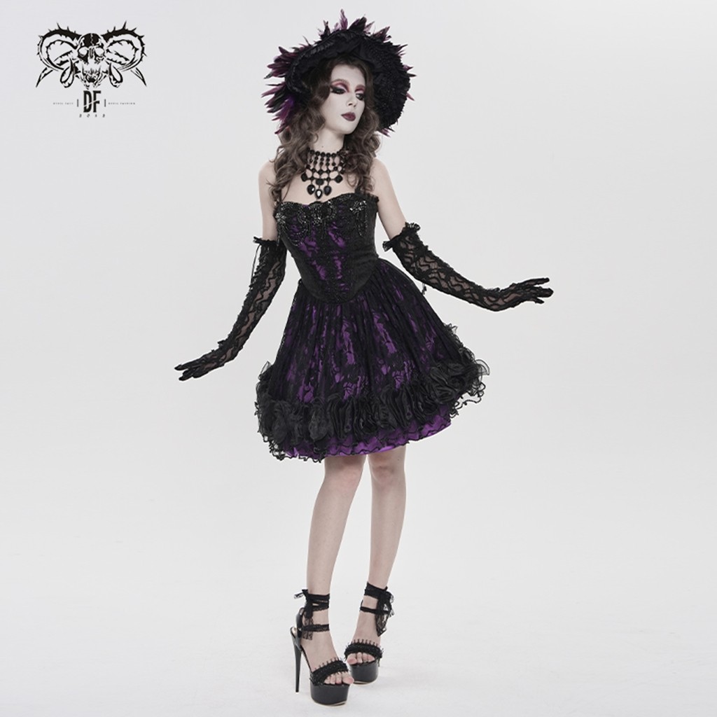 Devil Fashion Women Goth Victorian Beaded Floral Lace Corset Short Lace-Up Dress