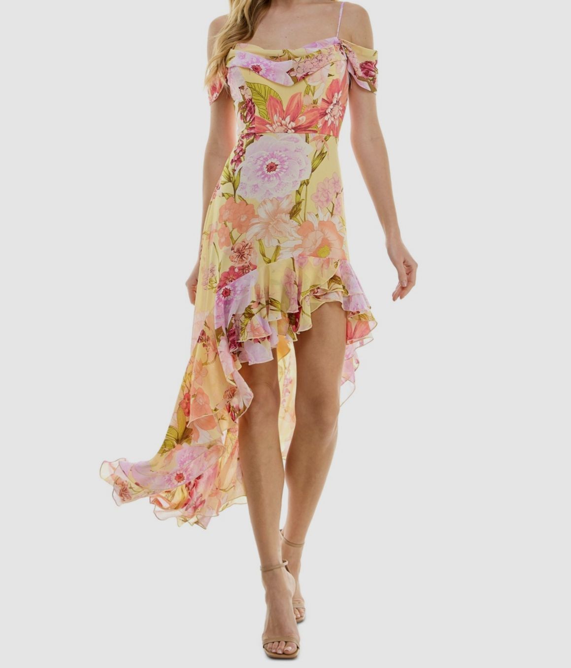 City Studios Women’s Yellow Juniors Drape-Neck Cold-Shoulder Ruffle-Hem Dress S