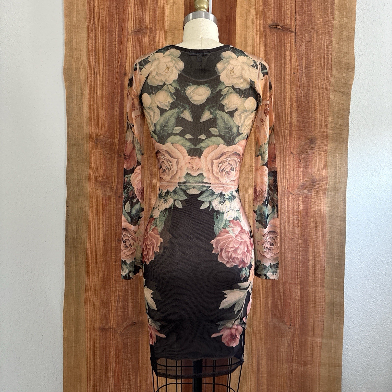 Mesh Bodycon Dress Long Sleeve Stretch Rose Sheer Top S Y2K Charlotte Russe