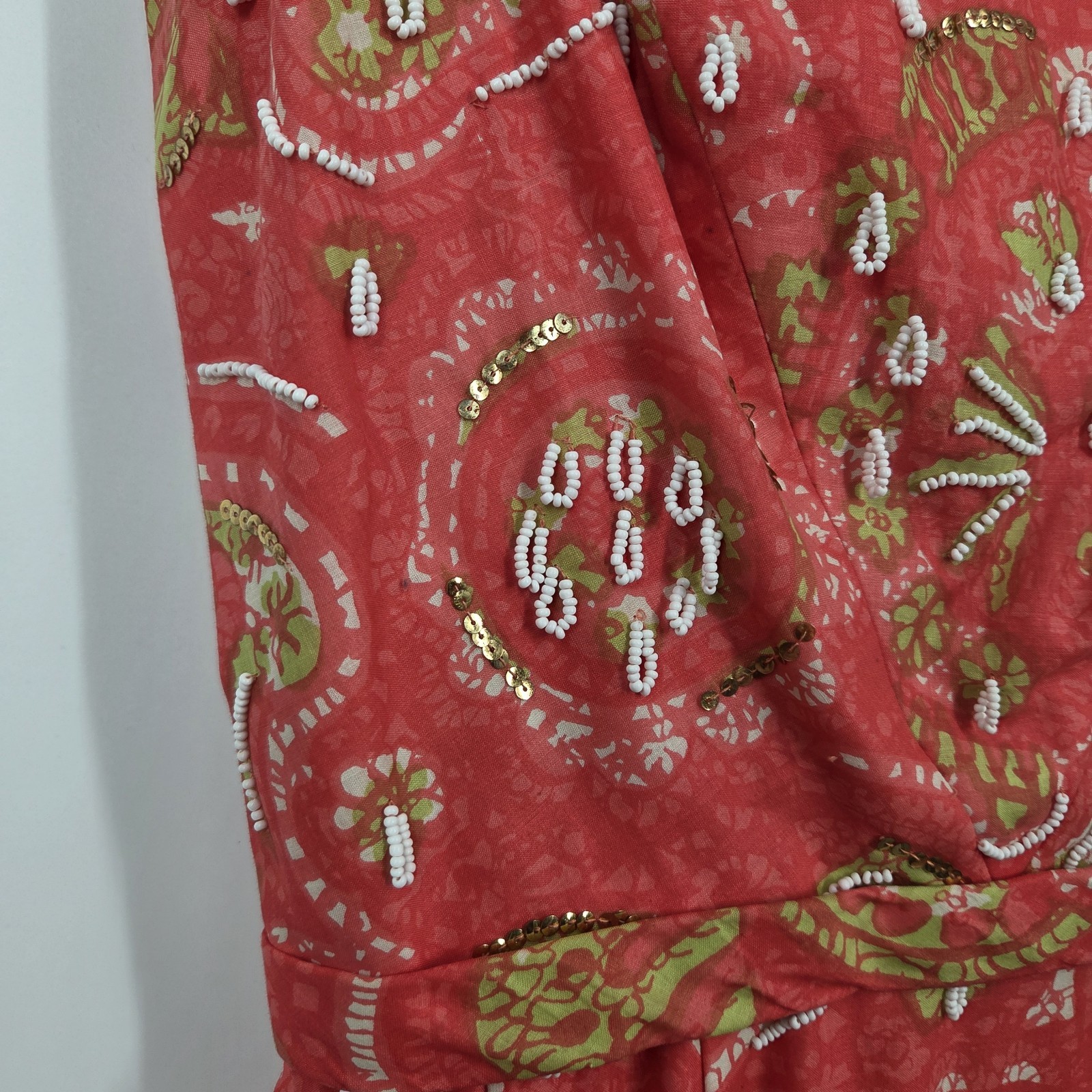 VTG 1960s Handmade Floral Dress with Bow Waist Fully Lined MadMen Beaded Wiggle