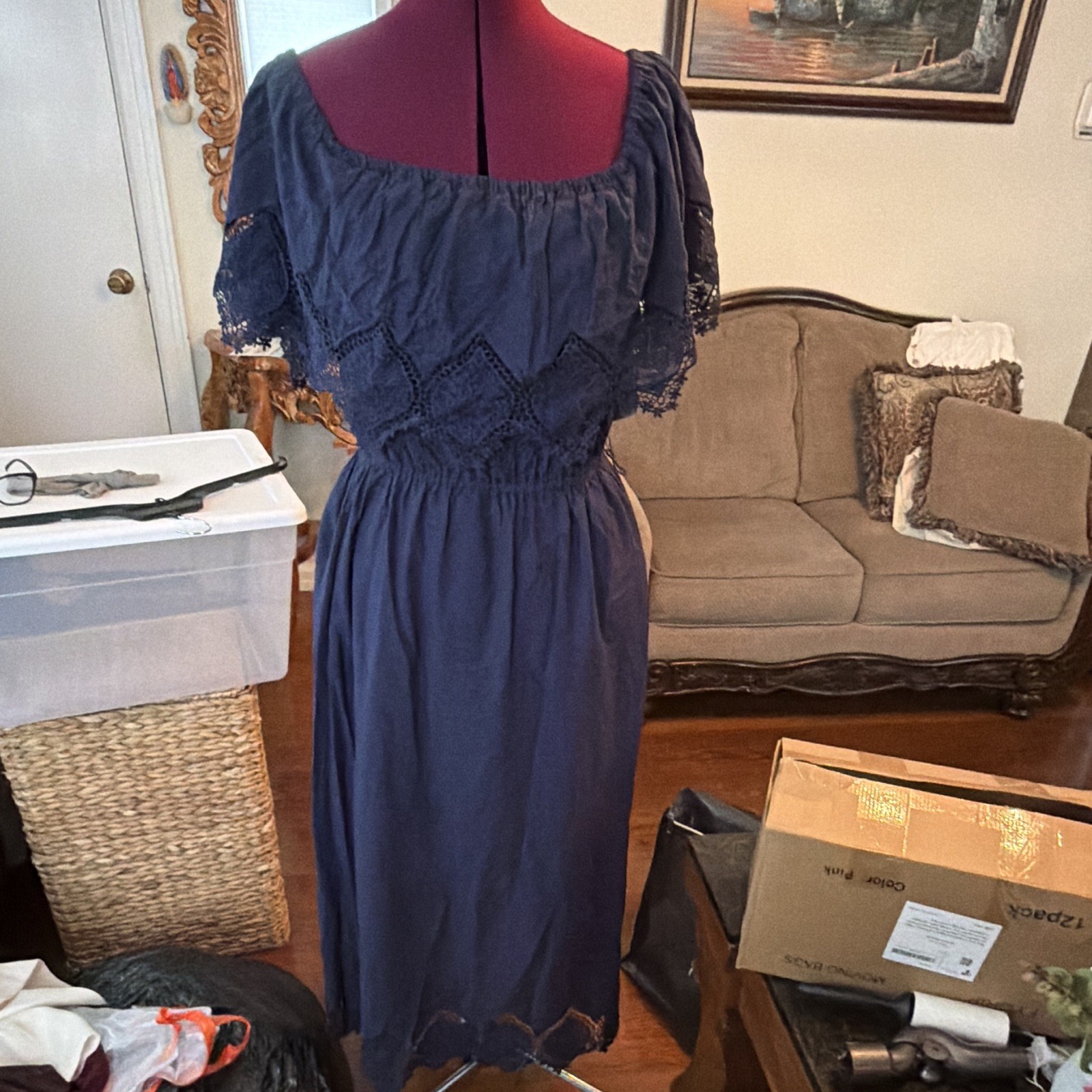 Eva Mendes NY&Co Lace Crochet Off Shoulder A-Line Blue Midi Dress M