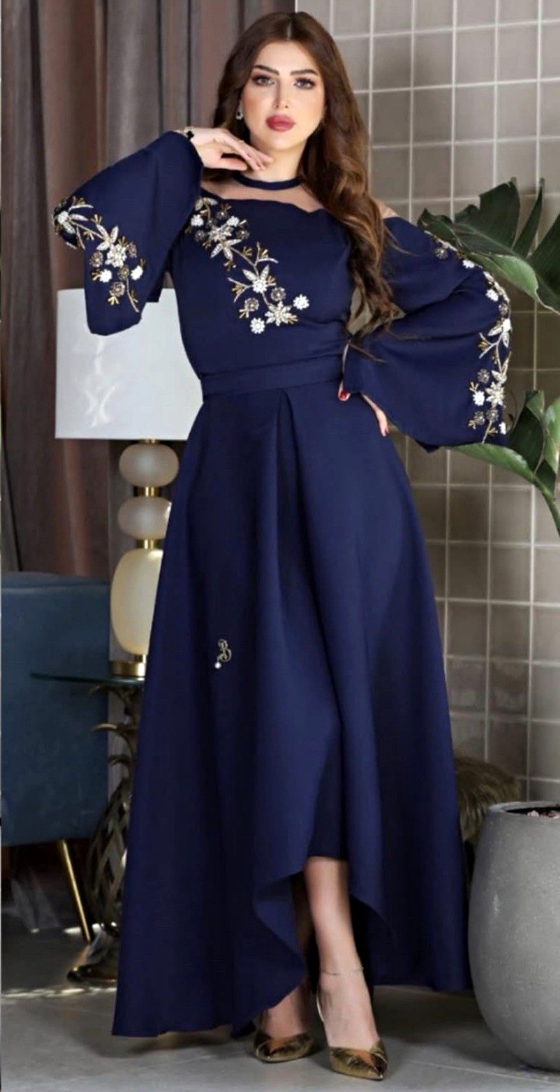 Women Solid Blue Beaded Embroidered Maxi Dress Size M Regular Long Bell Crew