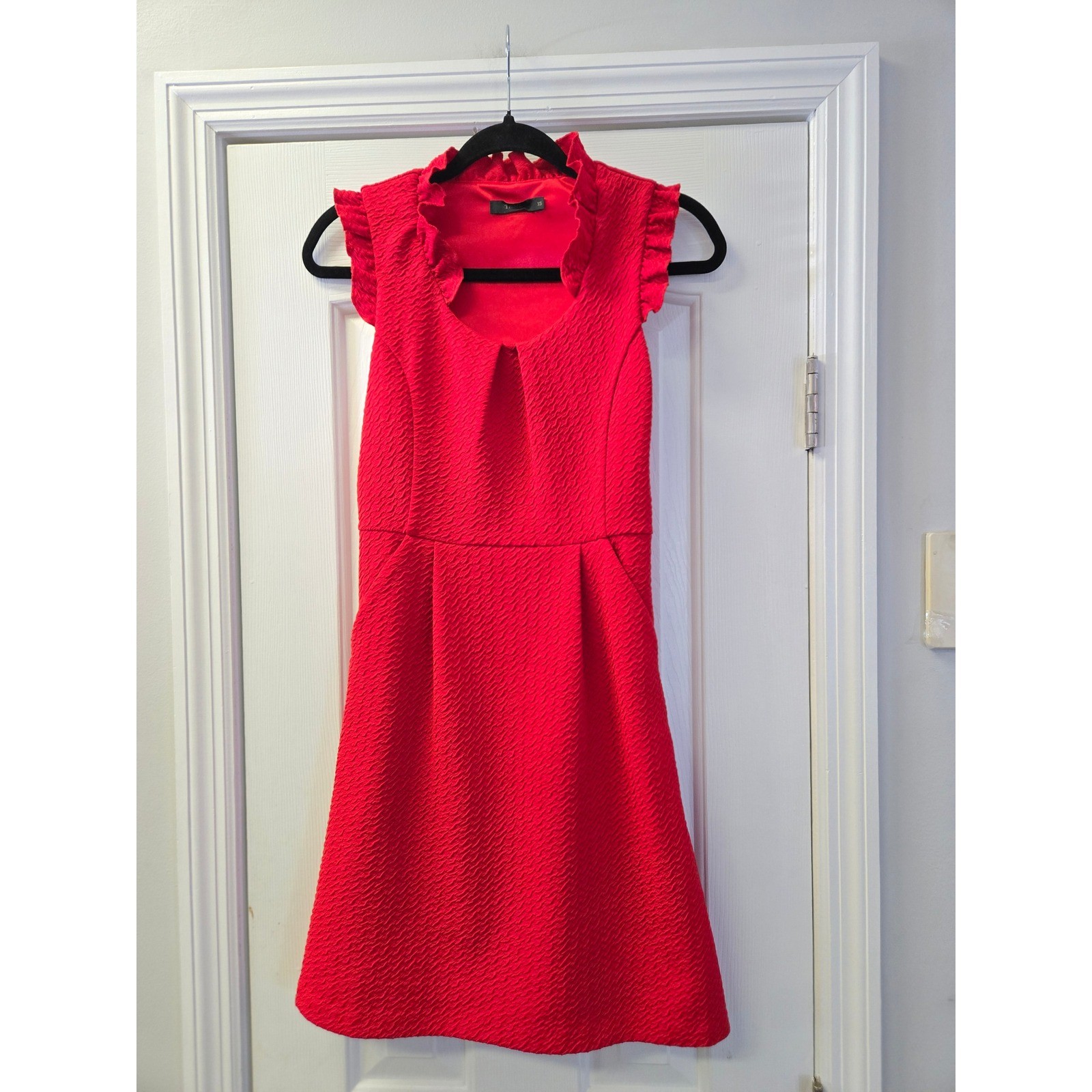 Red Textured Ruffle Neck Fit and Flare Mini Dress with Pockets XS Party Work