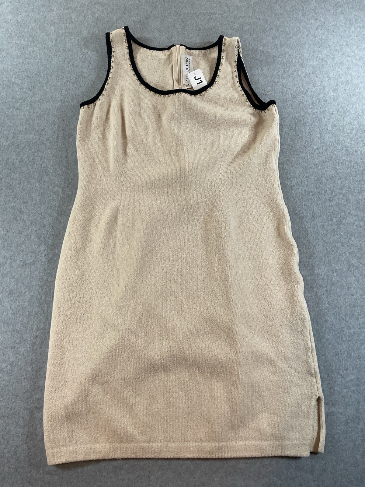 St. John Collection Beige Knit Sheath Dress Pearl Trim Sleeveless Size 8 J1