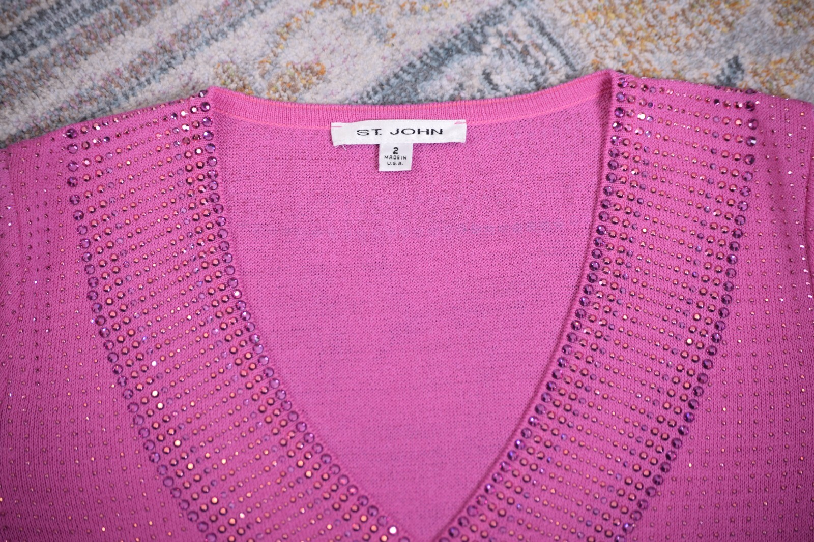 ST JOHN Women’s Knit Pink Studs Throughout Rhinestone Trim Dress Sz 2