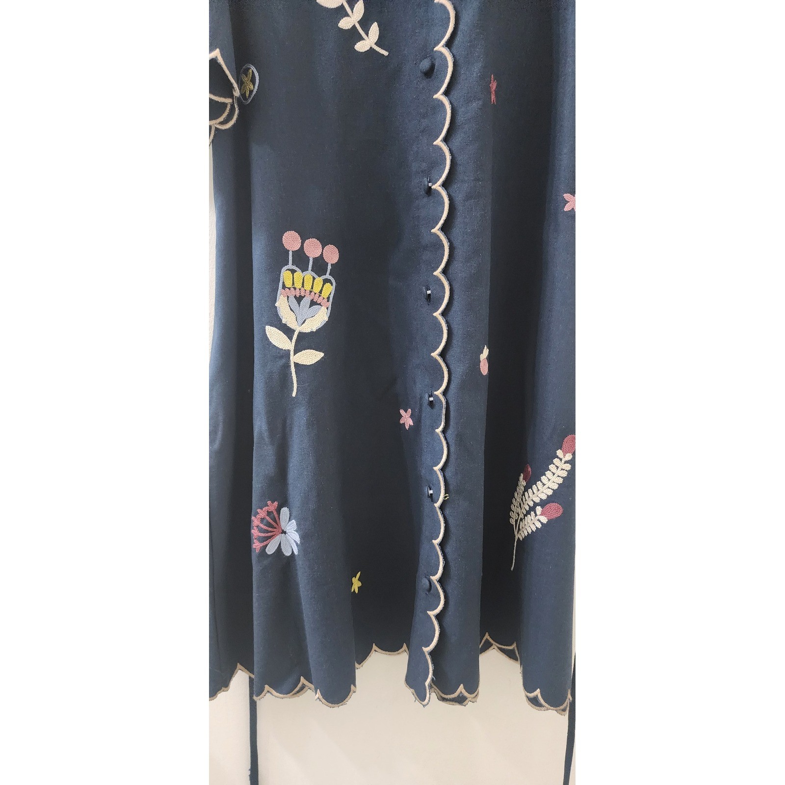 MABLE Navy Blue Embroidered Scalloped Linen Blend Mini Shirt Dress MD4896A M