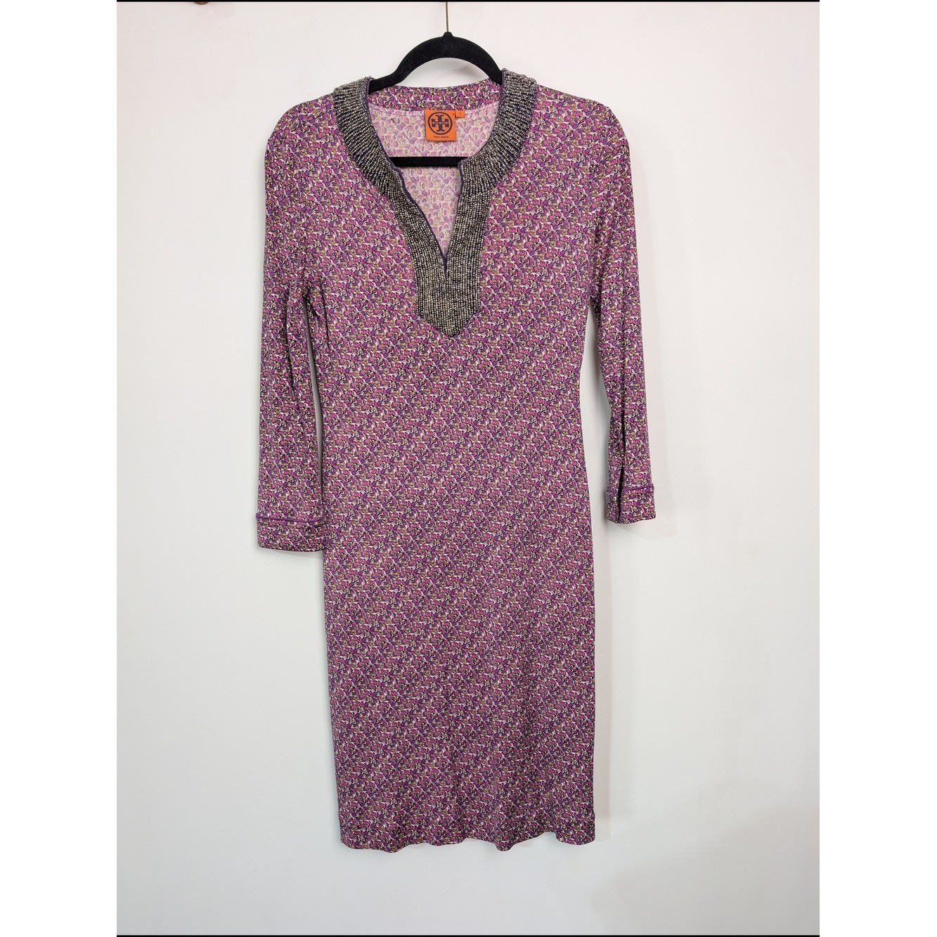 Tory Burch 100% Silk Purple Floral Patterned Beaded V-Neck Shift Dress Designer