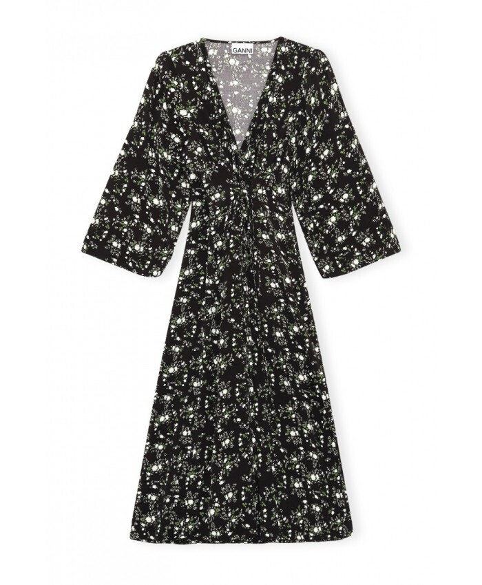 NWT GANNI Floral Printed Crepe Wrap Midi in Phantom Black Dress 34 US 2 $285