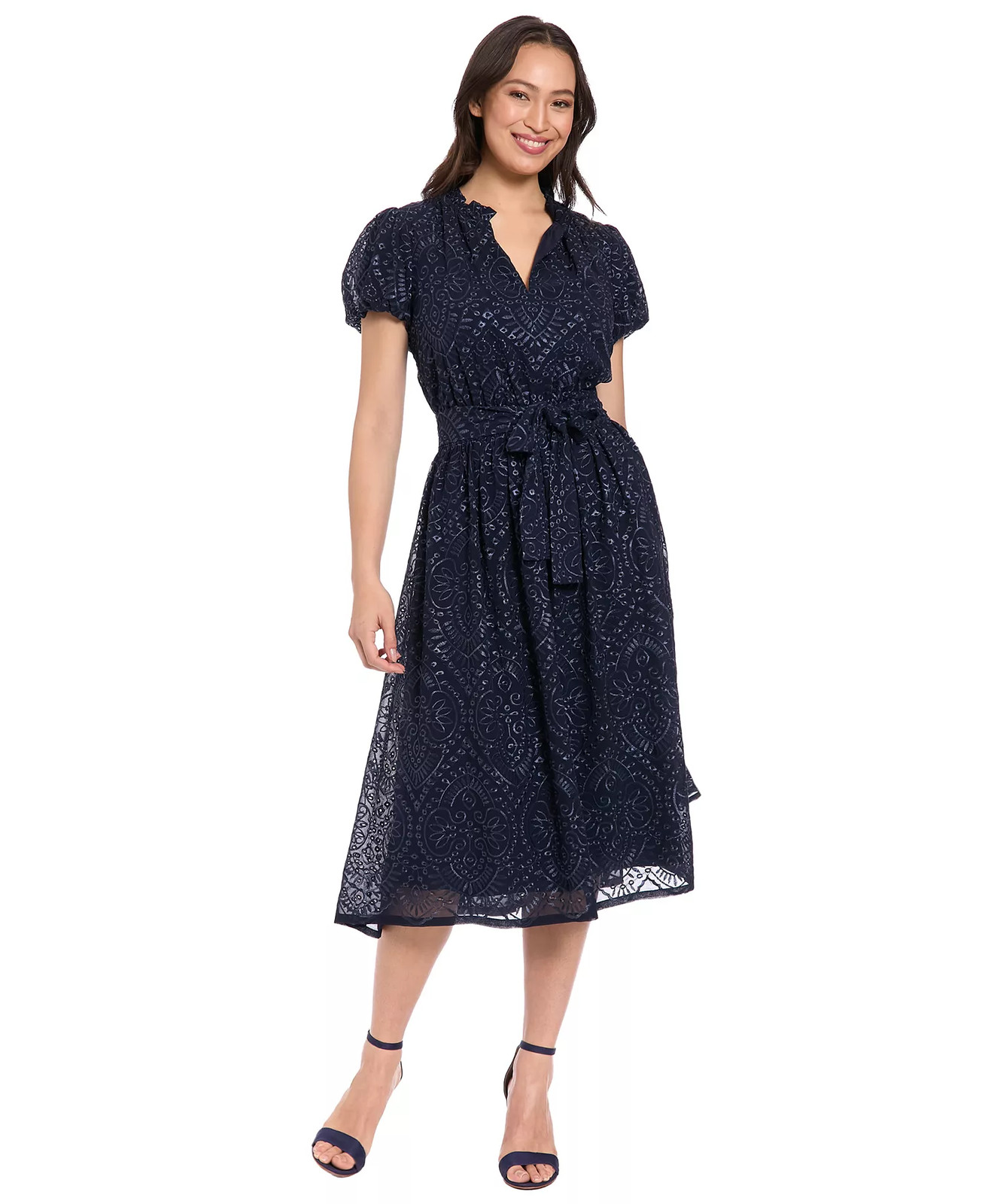 London Times Navy Eyelet Lace Notch Neck Short Sleeve Fit & Flare Dress XL NWT