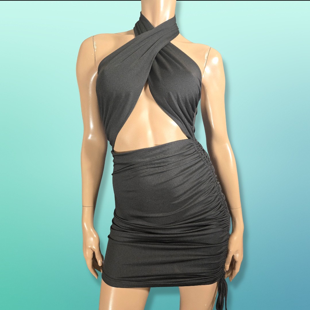 Y2K Black Halter Mini Clubbing Dress Size XS Ruched Drawstring Cutout Mcbling