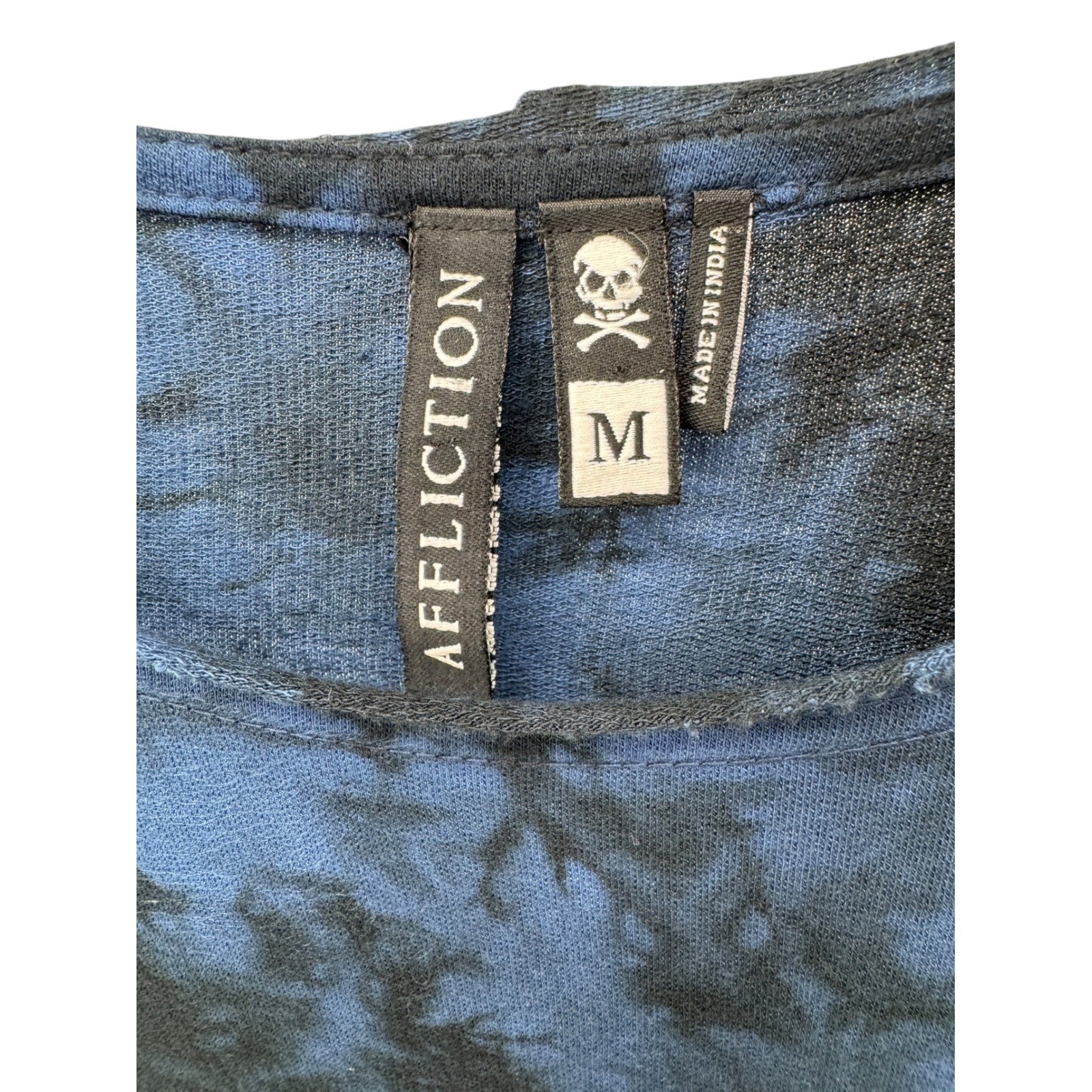Affliction Blue Black Tie Dye Ruched Drawstring Asymmetrical Tee Dress M