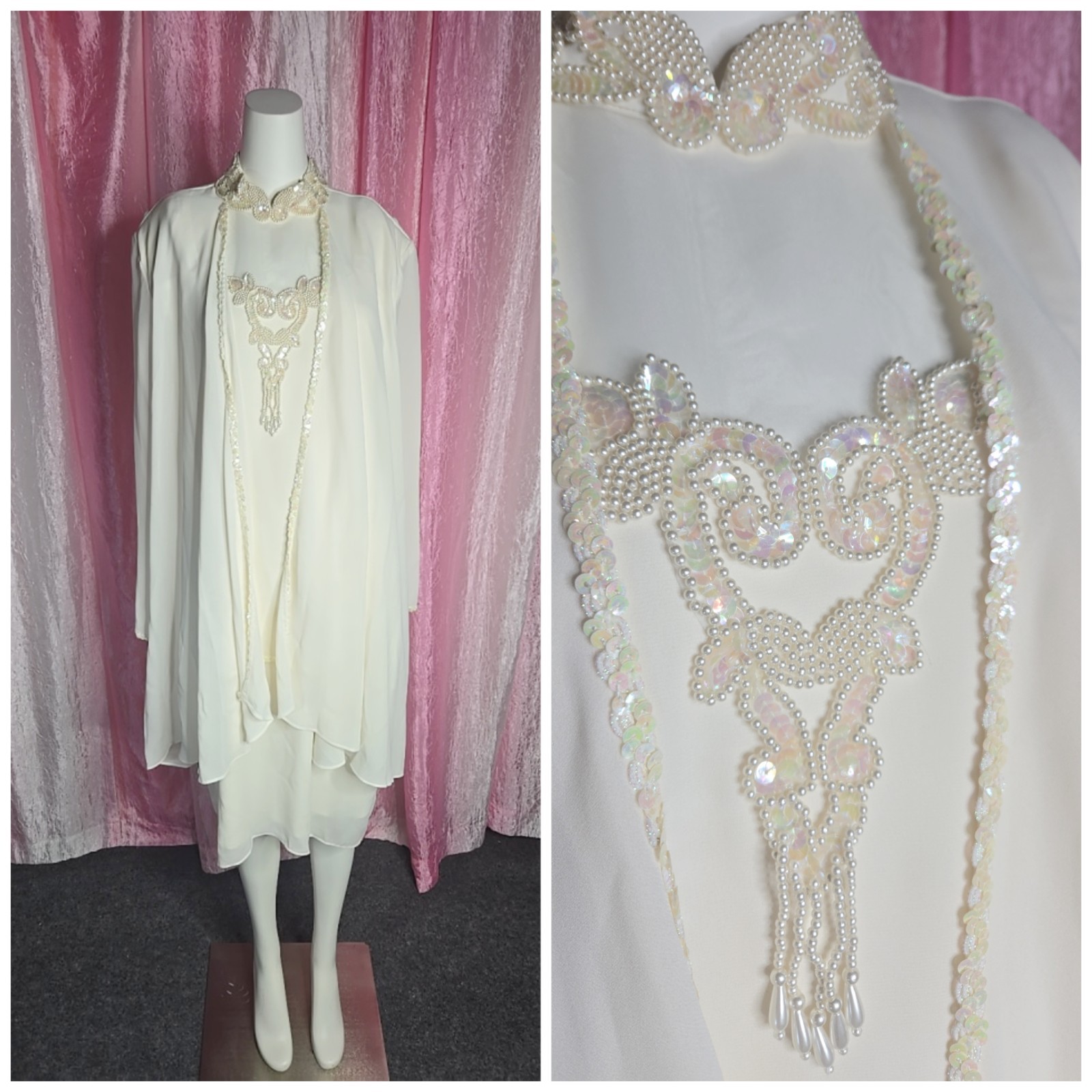 Patra Exquisite Ivory Beaded Sequin Flowy Evening Dress Size 14