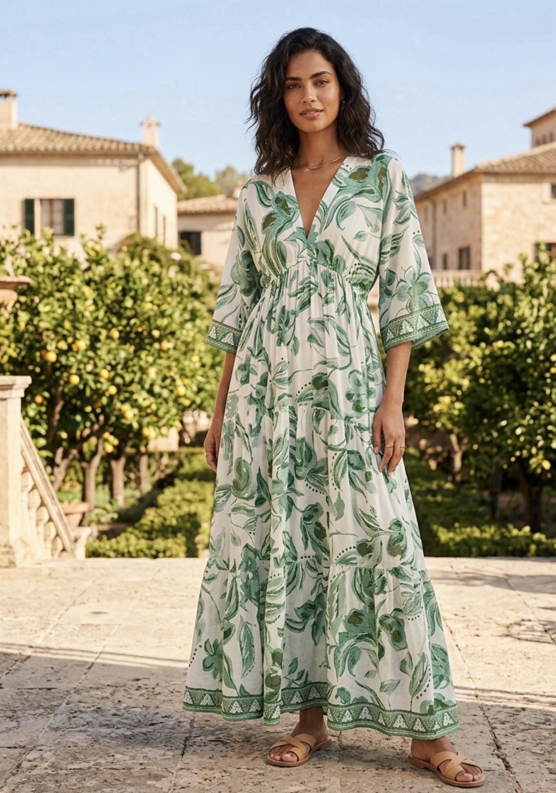 Haute Hippie White Maxi Dress with Green Leaf Print