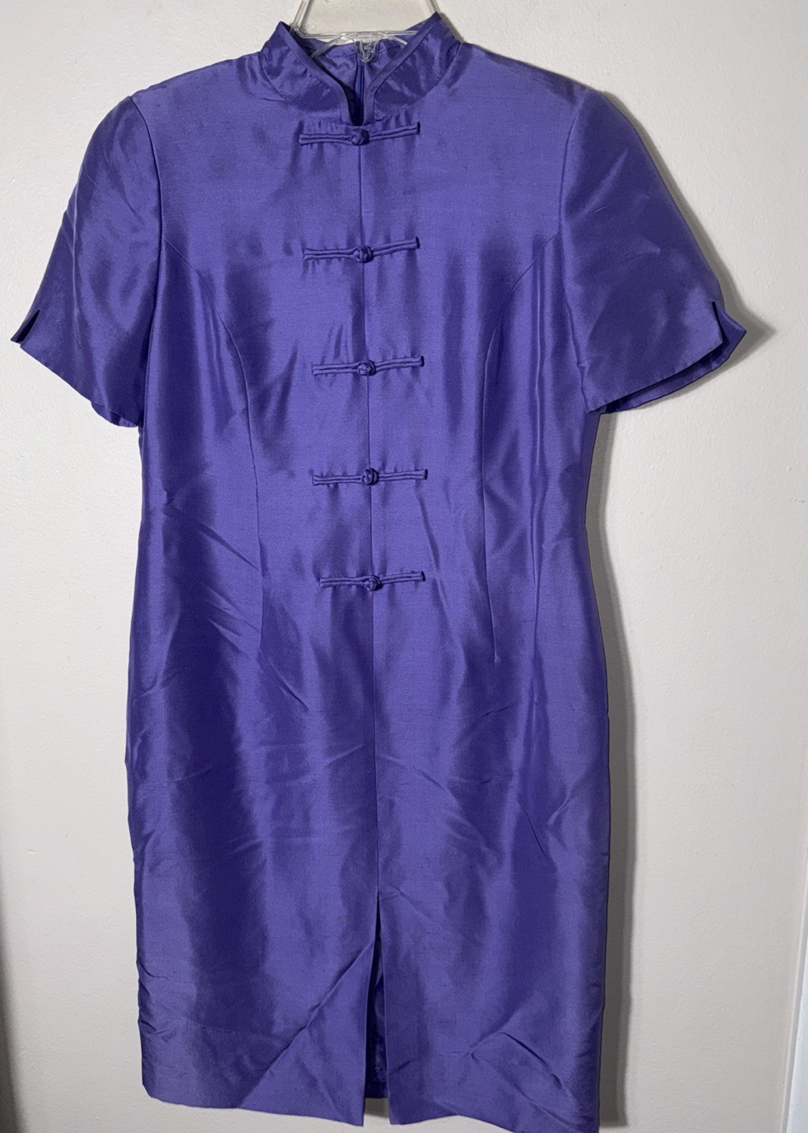 Women Chinese Style Shomi Silk Purple Dress Size 8 Petite Chinese Crown Knot
