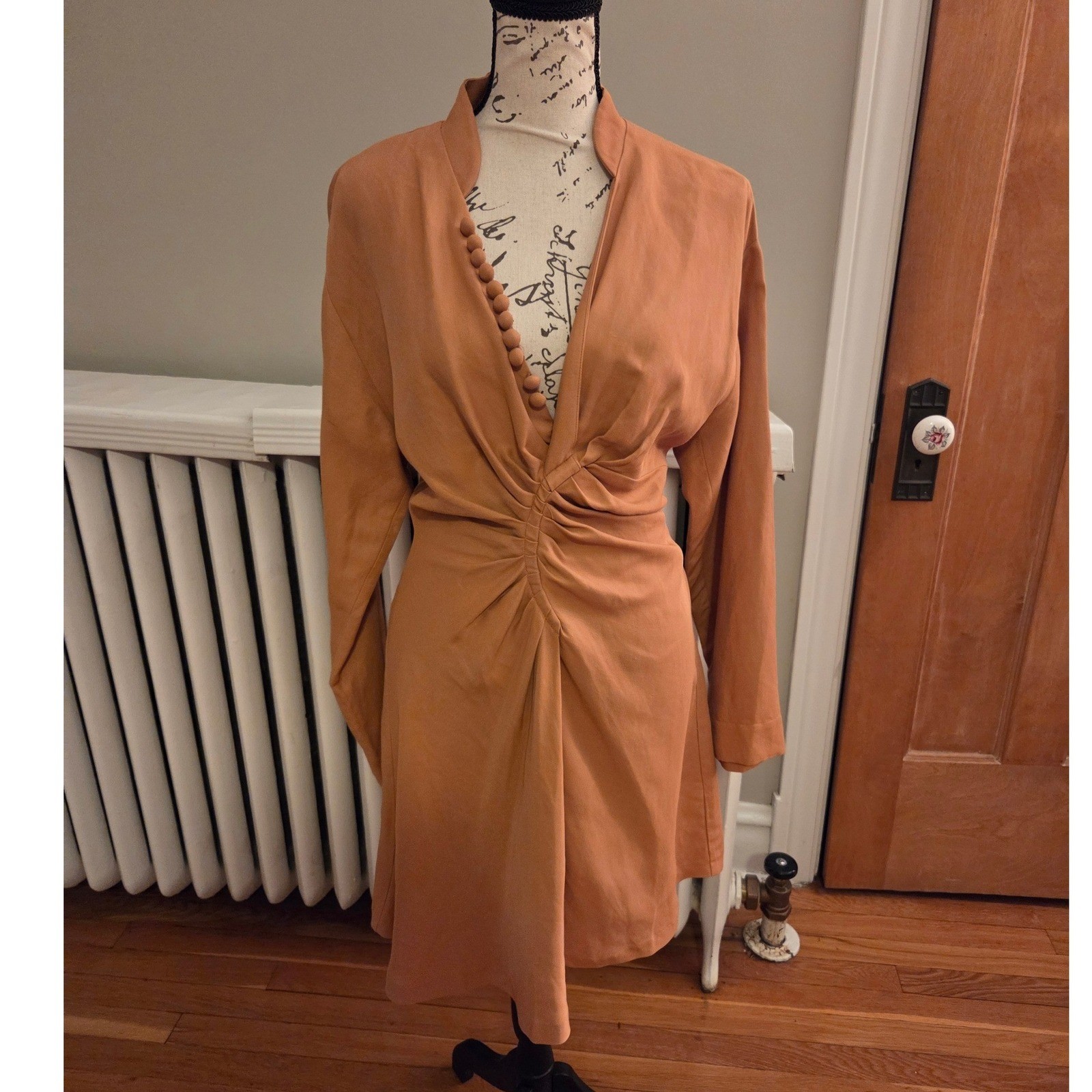 Sandro Amaria Cross-Over Neckline Dress, Camel, Caramel, Fall, Sz FR 36/US S