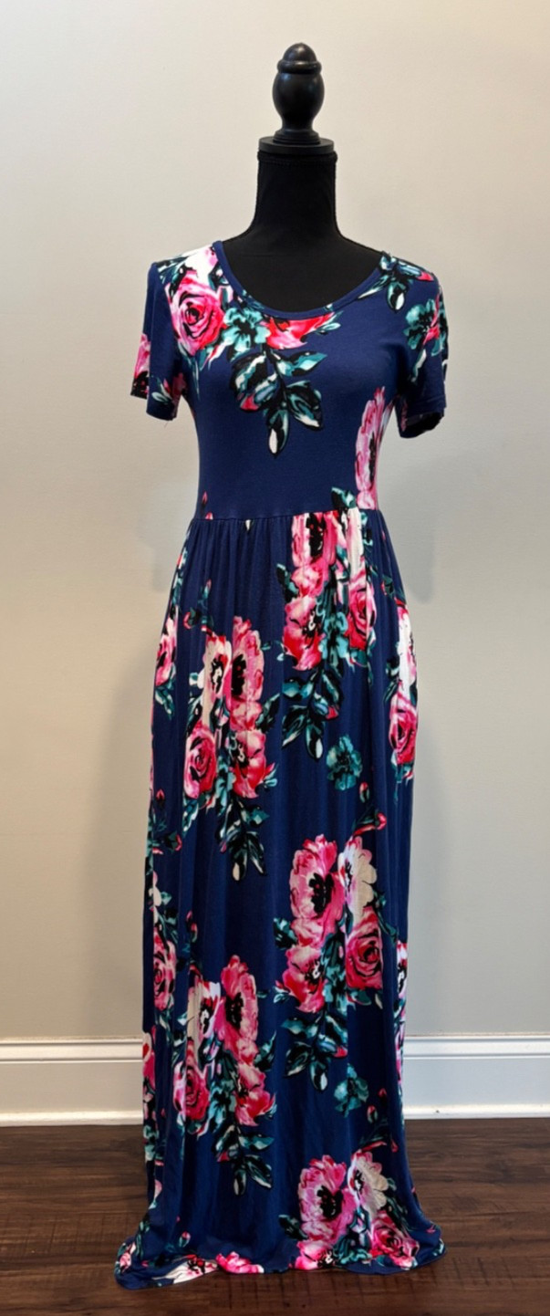 VIIShow Floral Maxi Dress Women’s M Navy Blue Pink Short Sleeve Floor Length