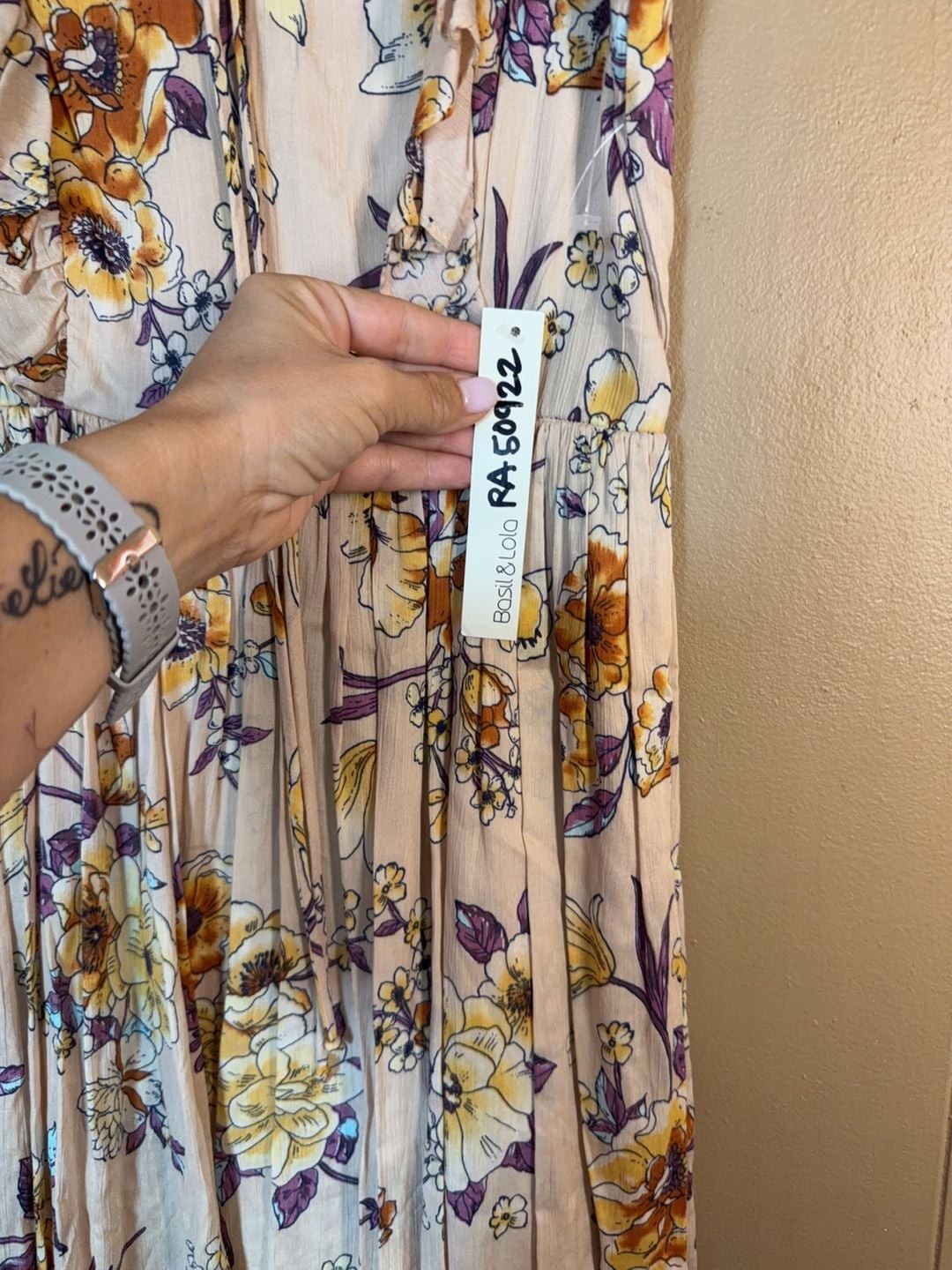 Basil & Lola Floral Print Ruffle Cap Sleeve Lace-Up Dress