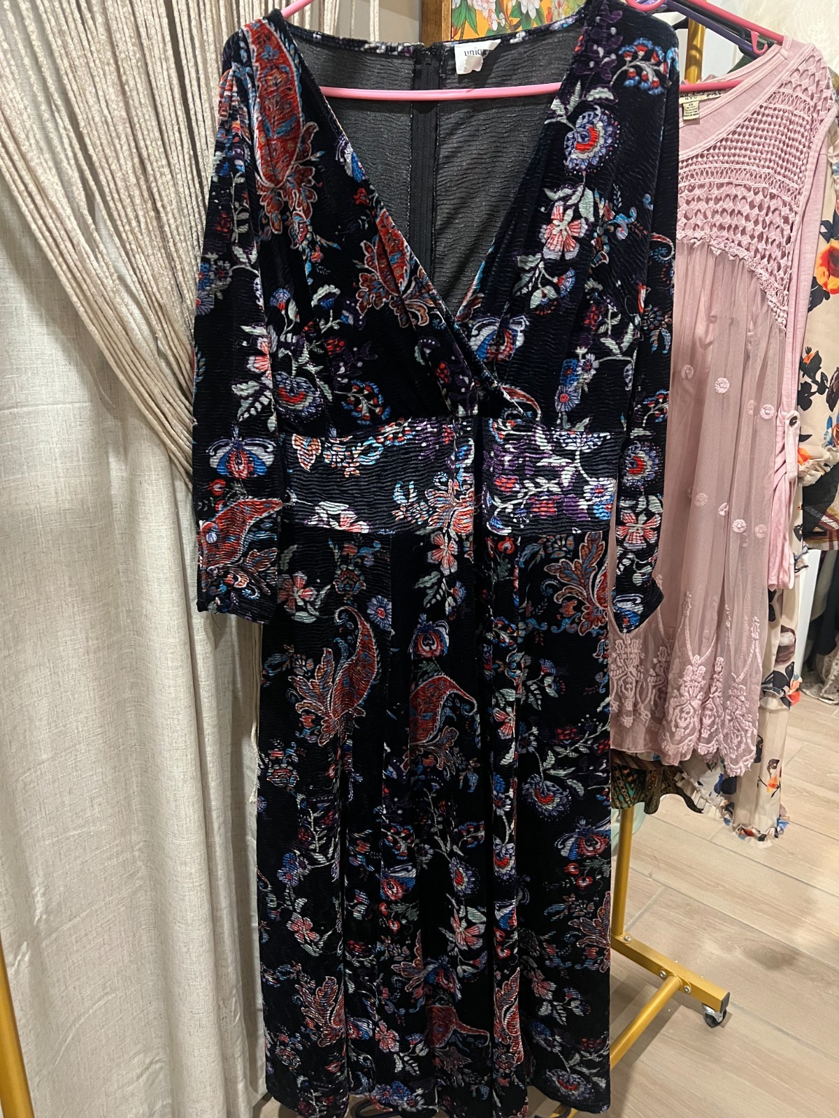Unique Vintage Velvet Floral / Paisley Long Sleeve Maxi Dress Size 1X/1X