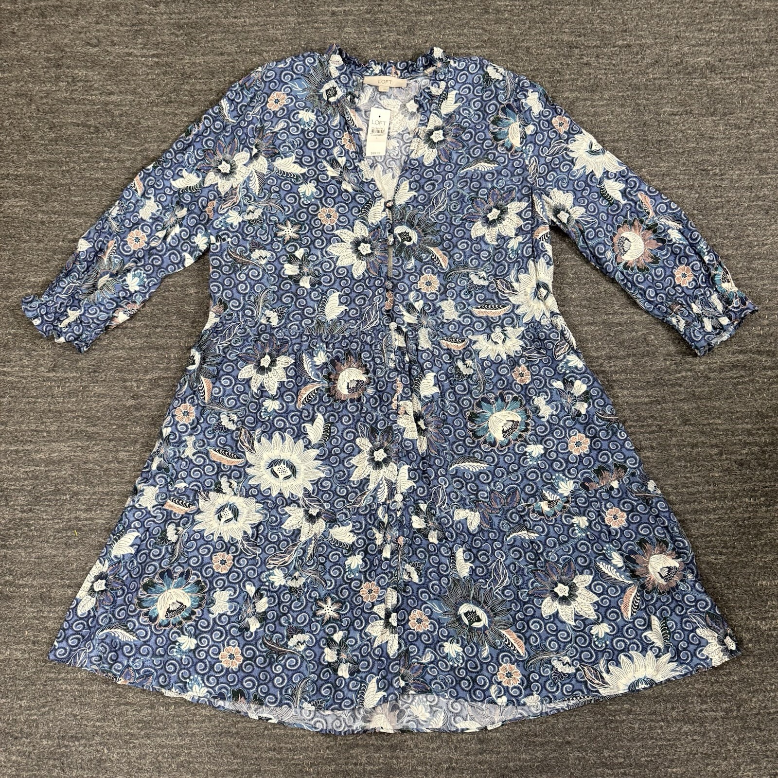 LOFT Dahlia Ruffle Button Mini Dress Women Large Blue Floral Print Tiered Boho