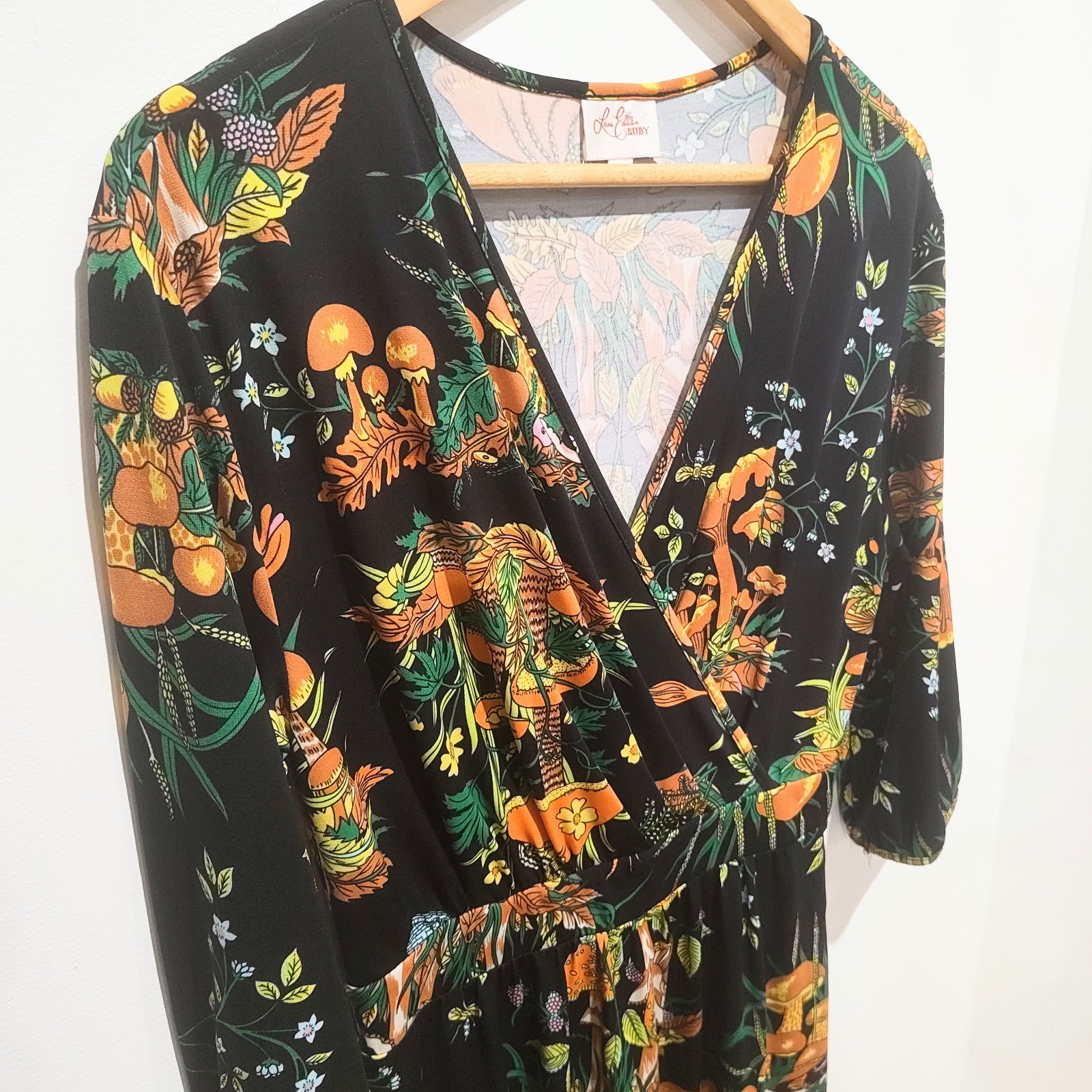 Leona Edmiston Ruby Midi Dress Fungi Print Quirky AU 10 US 6 A-Line Faux Wrap