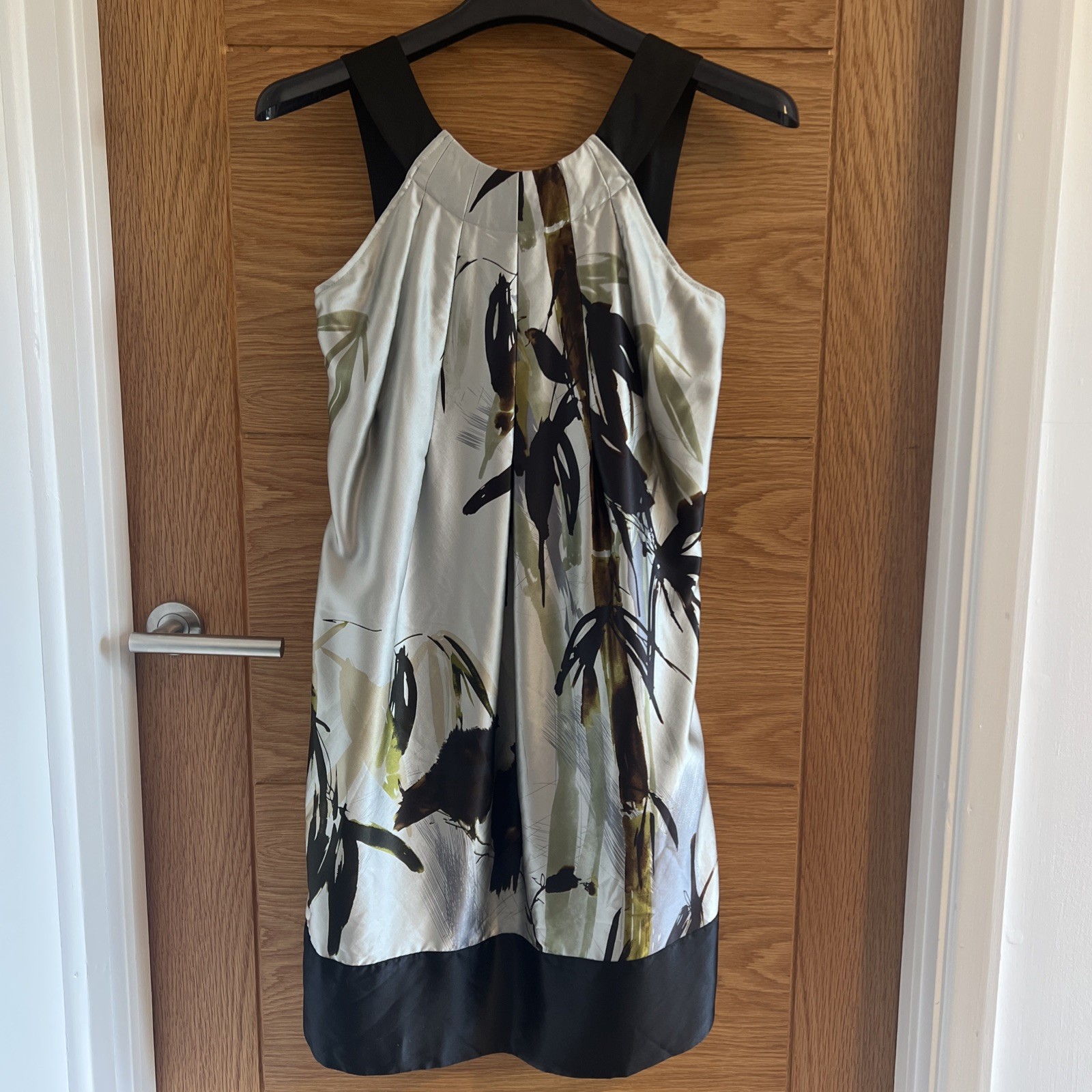 TED BAKER Grey Dress 100% Silk Abstract Watercolour Print Size S 8-10 Bow