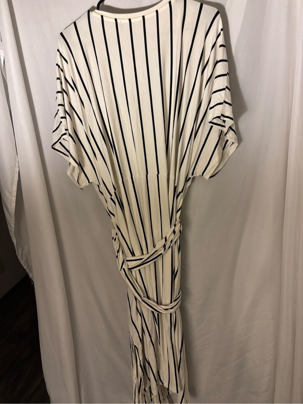 Eloquii Cream Dress with Black Vertical Stripes and Wrap Tie