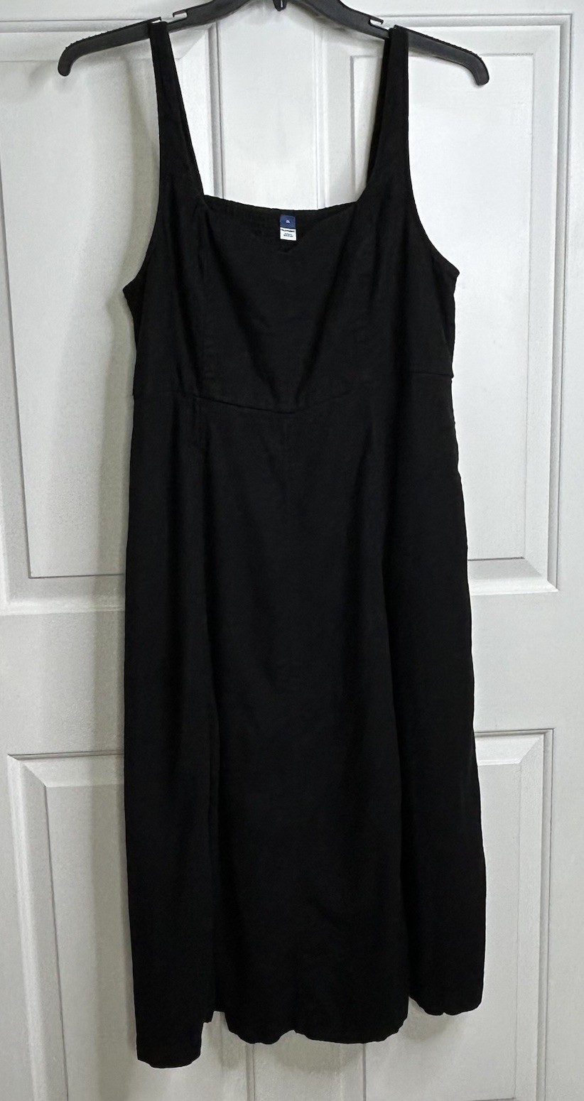 Old Navy Midi Dress Fit & Flare Linen Blend Notch Neck Sleeveless XL Smocked Blk