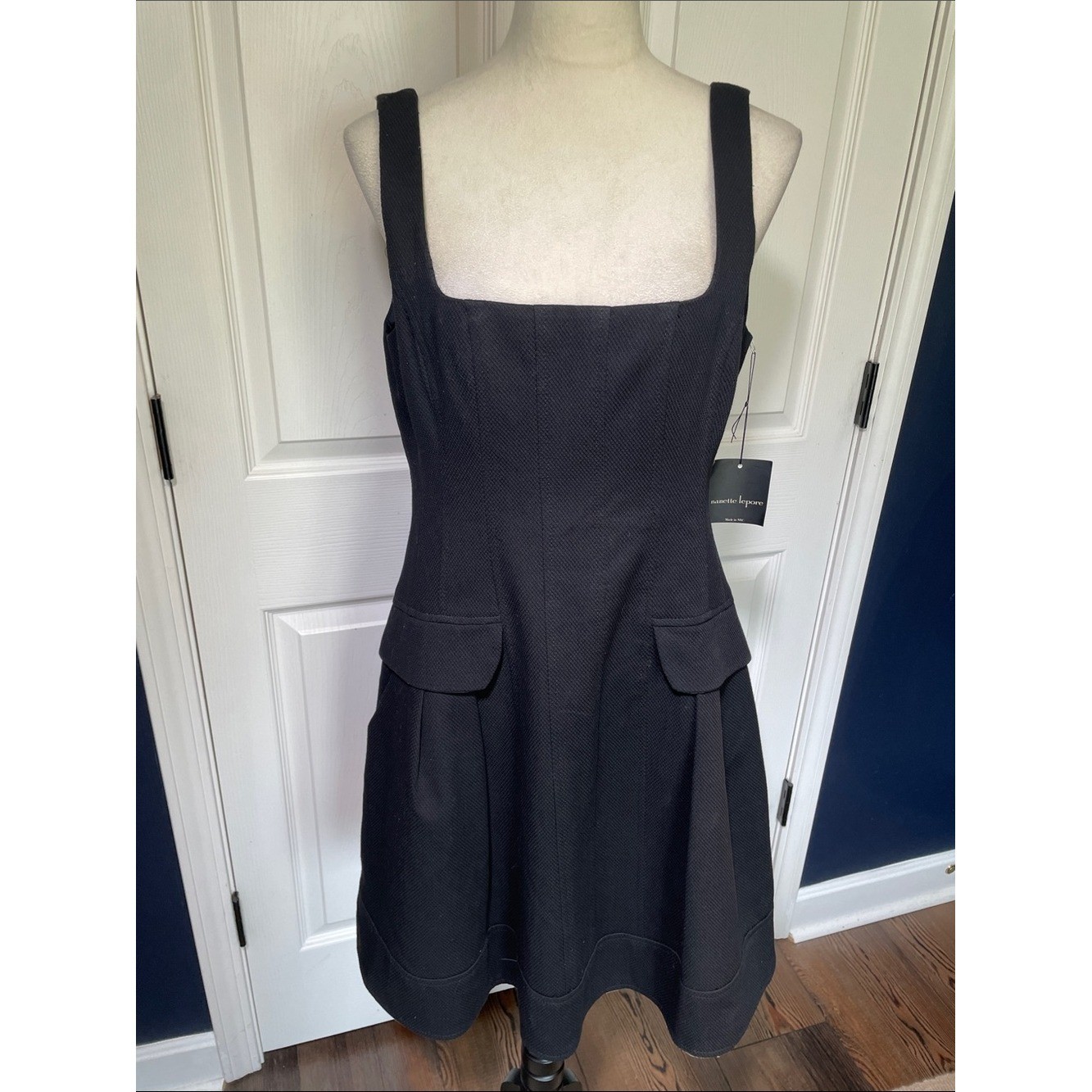 NWT Nanette Lepore Black Textured Cotton Square Neck Fit & Flare Mini Dress Sz12